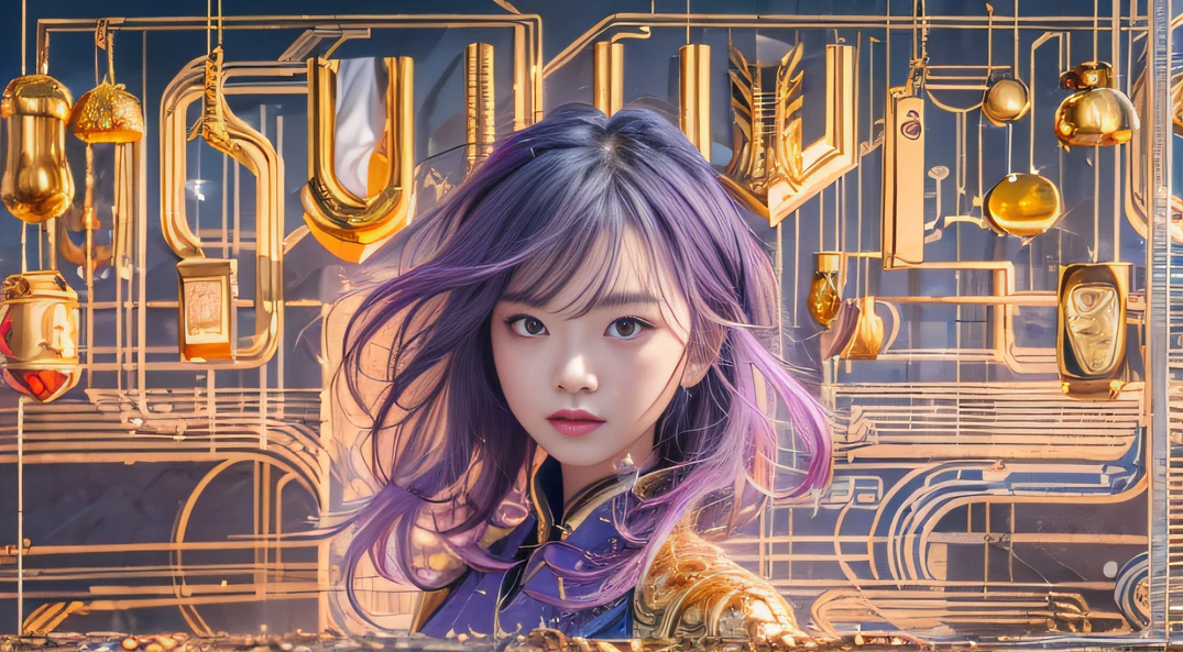 32K(tmasterpiece,k hd,hyper HD,32K)Long flowing bright purple hair,Autumn Pond,zydink, a color, Asian people (Silly girl), (Silk scarf), Combat posture, looking at the ground, long whitr hair, Floating bright purple, Fire cloud pattern gold tiara, Chinese long-sleeved gold silk garment, (abstract ink splash:1.2), smoky background,Lotus protector(realisticlying:1.4),Bright purple hair,Smoke on the road,The background is pure, A high resolution, the detail, RAW photogr, Sharp Re, Nikon D850 Film Stock Photo by Jefferies Lee 4 Kodak Portra 400 Camera F1.6 shots, Rich colors, ultra-realistic vivid textures, Dramatic lighting, Unreal Engine Art Station Trend, cinestir 800,Long flowing bright purple hair