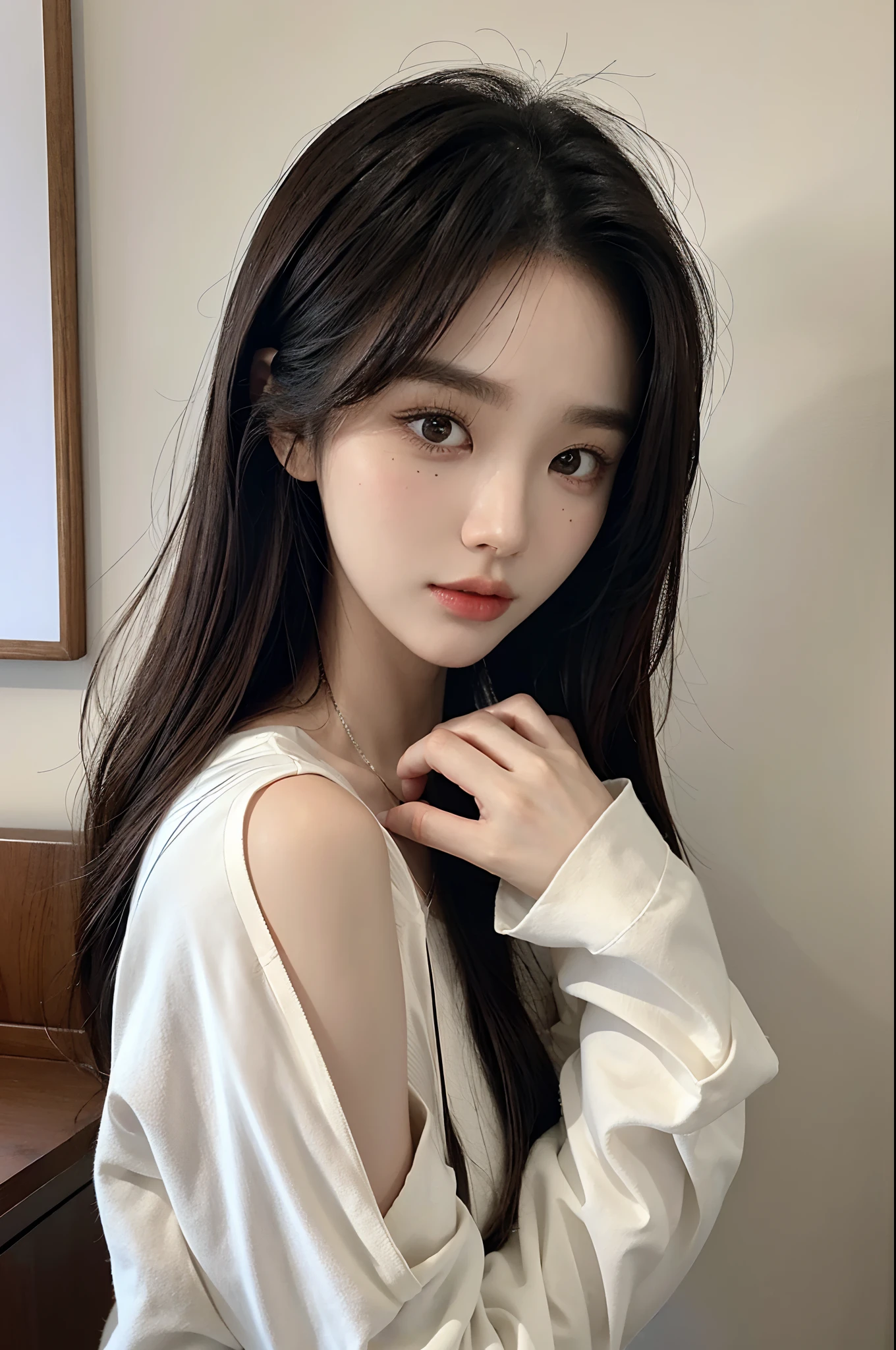 masterpiece、top-quality)、1 beutiful girl、Slim body、((Black and white plain clothes:1.1))、(Detailed beautiful eyes)、Shot in the bedroom、((Boyish Brown Medium Hair))、((Smaller face))、((Neutral face))、((Face seen from the side))、((Light brown eyes))、((Korean Girl))、((18year old))、((cool lady))、((Wild look))、((Korean Makeup))、((elongated and sharp eyes))、((Happy House Date))、((looking distantly))、((boyish))、((Shot from the same height as your face))、((Bright lighting))、((Patting her head))