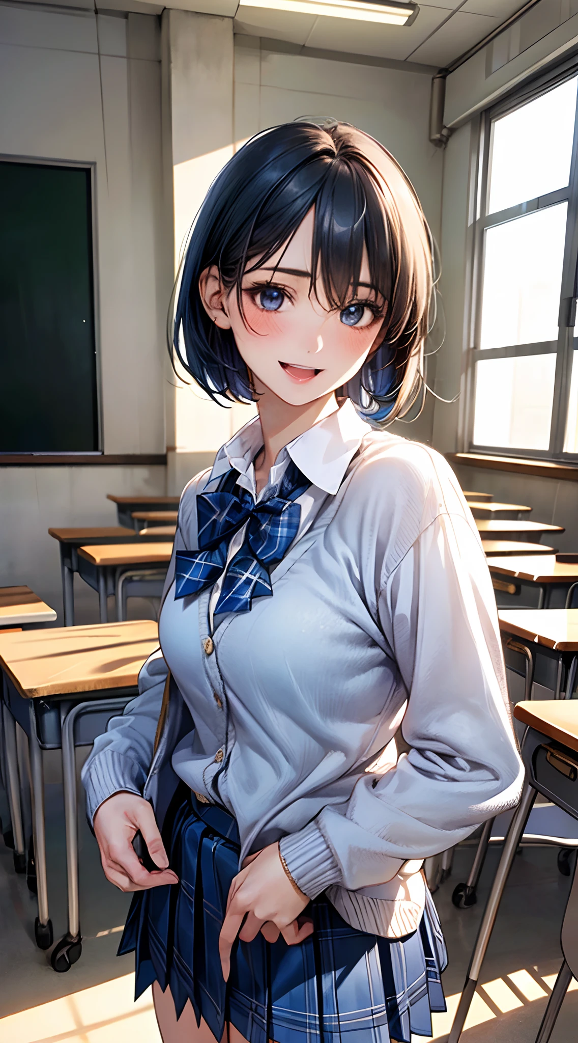 (masterpiece:1.2, top-quality), (realistic, photorealistic:1.4), beautiful illustration, 
looking at viewer, cowboy shot, front view:0.8, 
1 girl, japanese, high school girl, blue hair, (short hair:1.4), bob cut, bangs, hair between eye, blue eyes, large breasts:1.0, 
beautiful hair, beautiful face, beautiful detailed eyes, beautiful clavicle, beautiful body, beautiful chest, beautiful thigh, beautiful legs, beautiful fingers, 
(beautiful scenery), dawn, classroom, desks, chairs, curtains, 
((collared shirt, white shirt, school uniform, light blown cardigan, blue plaid pleated skirt, blue plaid bow tie)), white panties, 
standing, walking, 
smile, open mouth, hands on hips,