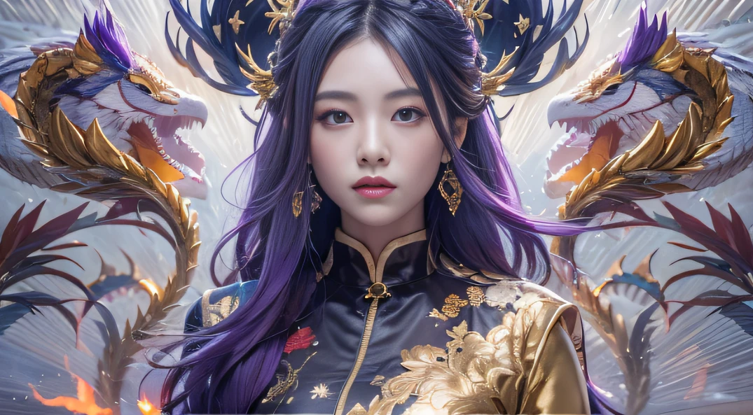 32K（tmasterpiece，k hd，hyper HD，32K）Long flowing bright purple hair，Autumn Pond，zydink， a color， Asian people （Silly girl）， （Silk scarf）， Combat posture， looking at the ground， long whitr hair， Floating bright purple， Fire cloud pattern gold tiara， Chinese long-sleeved gold silk garment， （abstract ink splash：1.2）， smoky background，Lotus protector（realisticlying：1.4），Bright purple hair，Smoke on the road，The background is pure， A high resolution， the detail， RAW photogr， Sharp Re， Nikon D850 Film Stock Photo by Jefferies Lee 4 Kodak Portra 400 Camera F1.6 shots, Rich colors, ultra-realistic vivid textures, Dramatic lighting, Unreal Engine Art Station Trend, cinestir 800，Long flowing bright purple hair