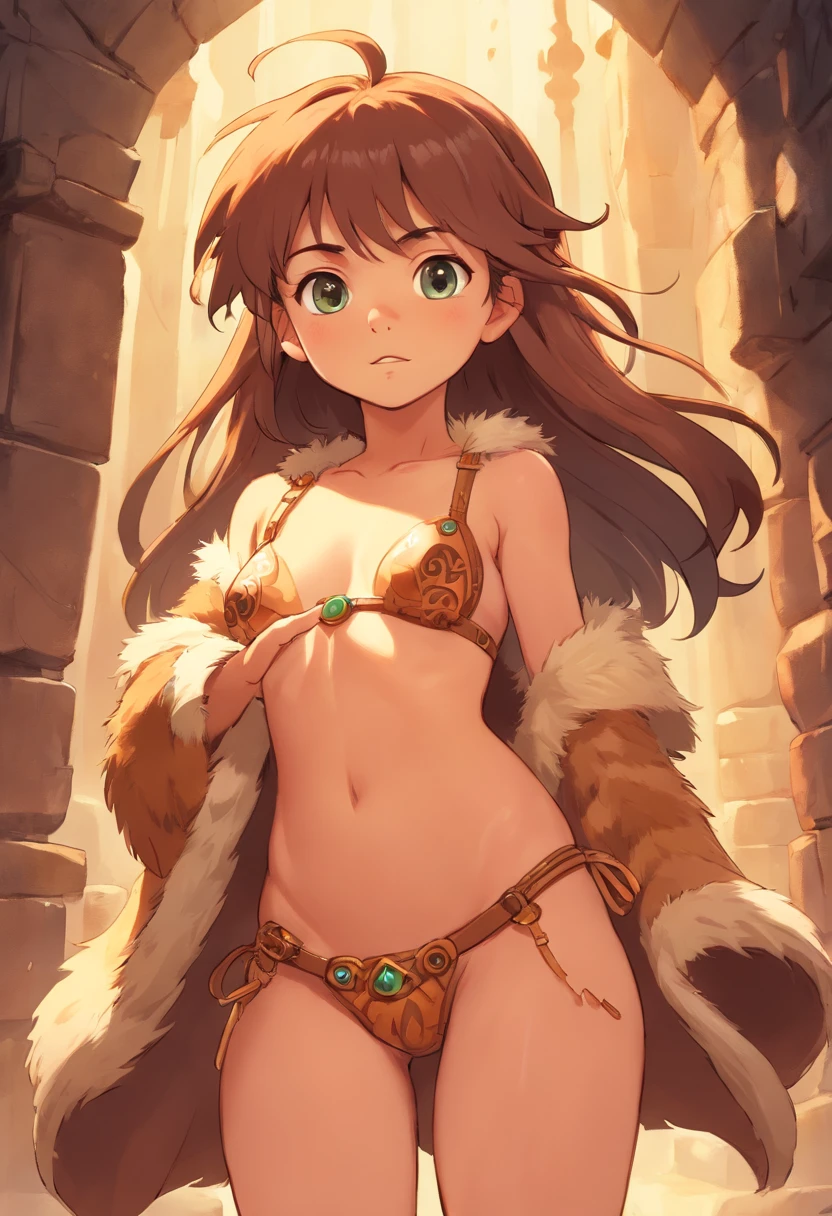 ((little barbarian child)), child, waist like an hourglass, the world of dark fantasy, (tanned light fur coat), navel, incision on the chest