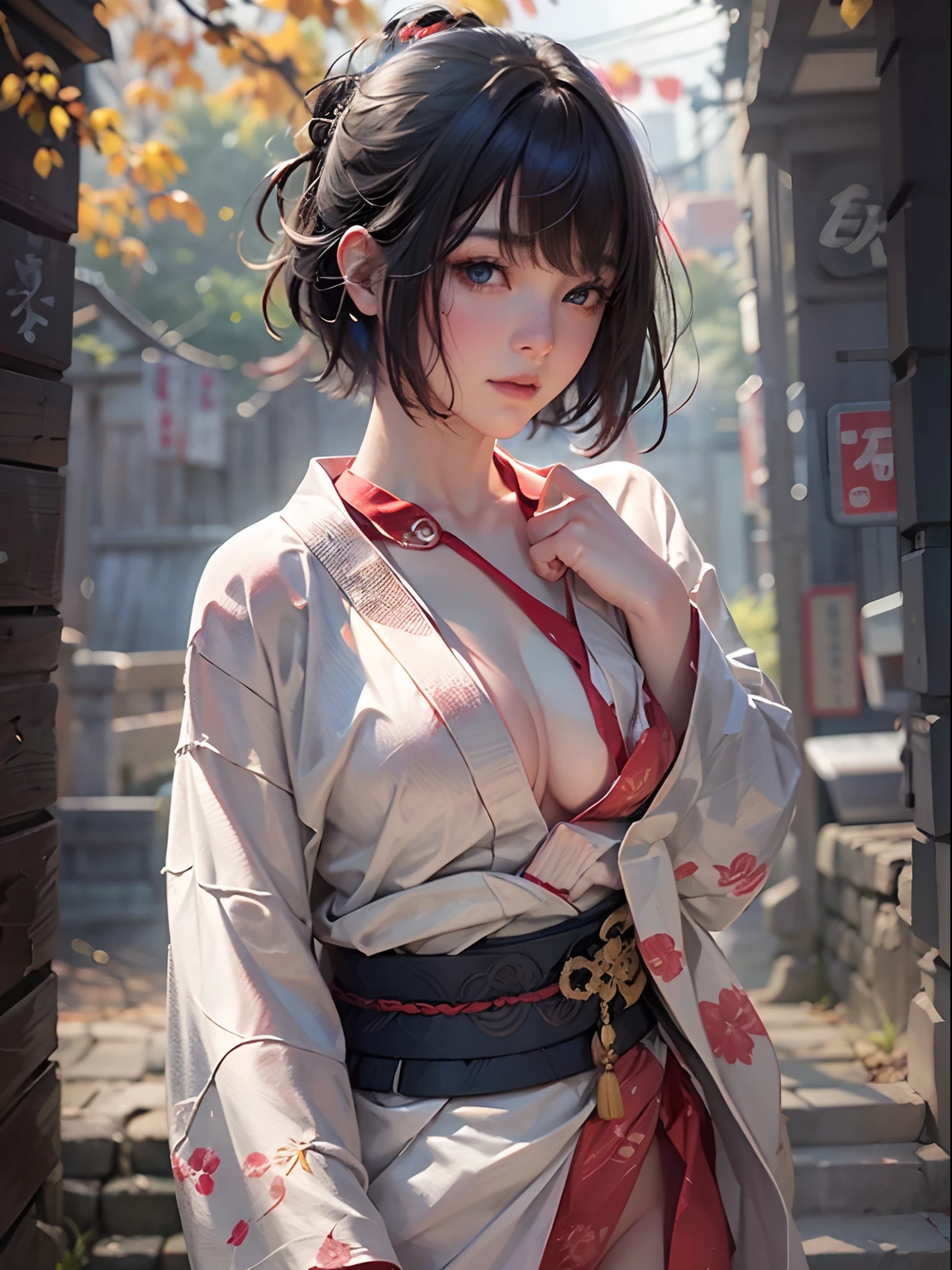 nsfw, 1girl, nude, (masterpiece: 1.4), (8K, realistic, raw photo, best quality: 1.4), skirtlift, strip naked, ninja uniform, nipple areola shape clear, beautiful breasts, Japanese girl, beautiful cute face, (real face: 1.4), perfect pussy, beautiful hairstyle, realistic blue eyes, beautiful detail eyes, (real skin: 1.3), beautiful skin, attractive, ultra high resolution, ultra realistic, cinematic lighting, black colored hair, short hair, ancient Japan, japanese shrine