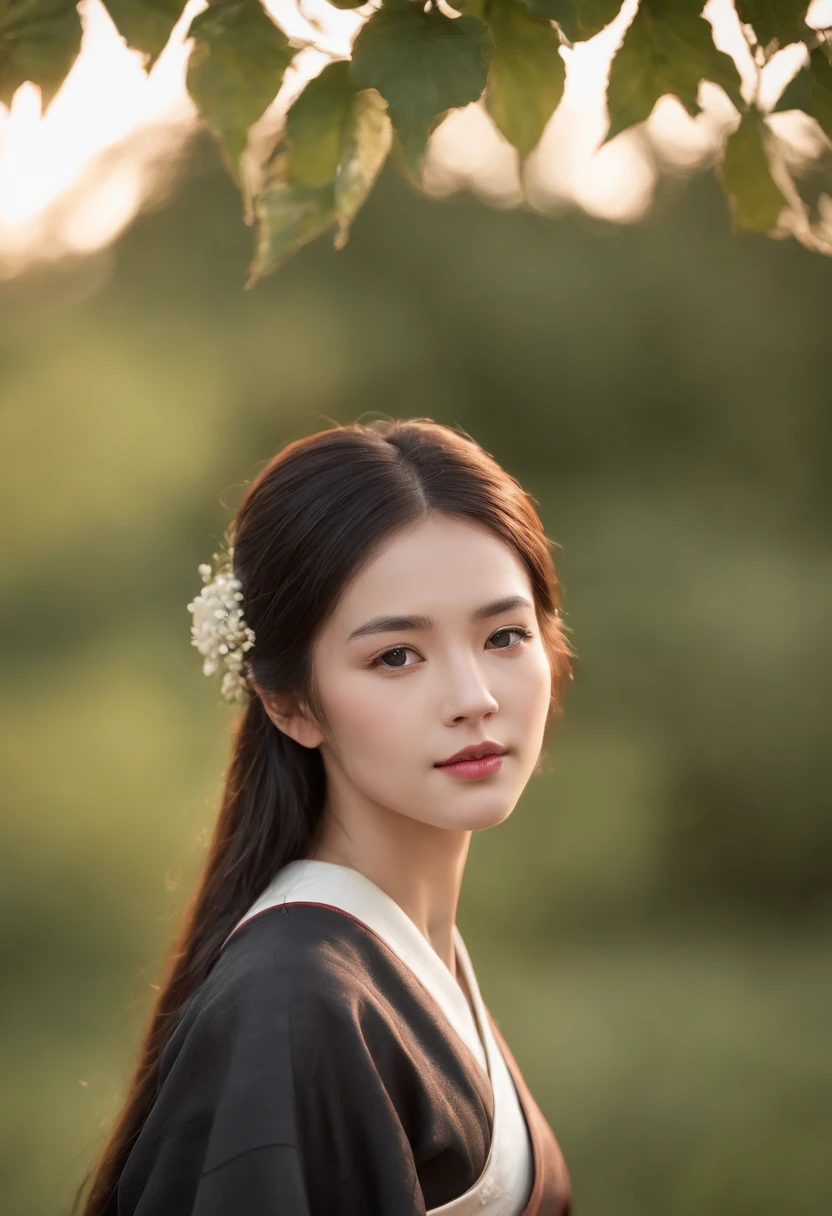 light skinned, Women around 19 years old, Natural black hair, Distinctive black eyes,Wearing the Twelve Simple, slender and graceful,, Beautiful, Sunset with Heian period atmosphere, Ultra Sharp Focus, realistic shot, Peace Women's Clothing,Bright red sunset,Green steppe,Green Tree々,Wide sky