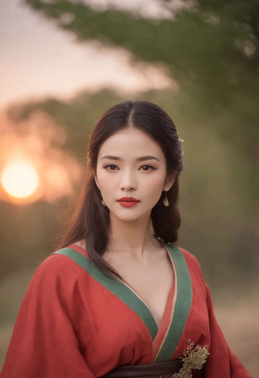 light skinned, Women around 19 years old, Natural black hair, Distinctive black eyes,Wearing the Twelve Simple, slender and graceful,, Beautiful, Sunset with Heian period atmosphere, Ultra Sharp Focus, realistic shot, Peace Women's Clothing,Bright red sunset,Green steppe,Green Tree々,Wide sky