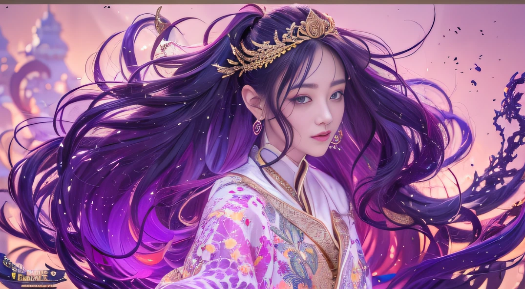 32K(tmasterpiece,k hd,hyper HD,32K)Long flowing bright purple hair,Autumn Pond,zydink, a color, Asian people (Silly girl), (Silk scarf), Combat posture, looking at the ground, long whitr hair, Floating bright purple, Fire cloud pattern gold tiara, Chinese long-sleeved gold silk garment, (abstract ink splash:1.2), smoky background,Lotus protector(realisticlying:1.4),Bright purple hair,Smoke on the road,The background is pure, A high resolution, the detail, RAW photogr, Sharp Re, Nikon D850 Film Stock Photo by Jefferies Lee 4 Kodak Portra 400 Camera F1.6 shots, Rich colors, ultra-realistic vivid textures, Dramatic lighting, Unreal Engine Art Station Trend, cinestir 800,Long flowing bright purple hair
