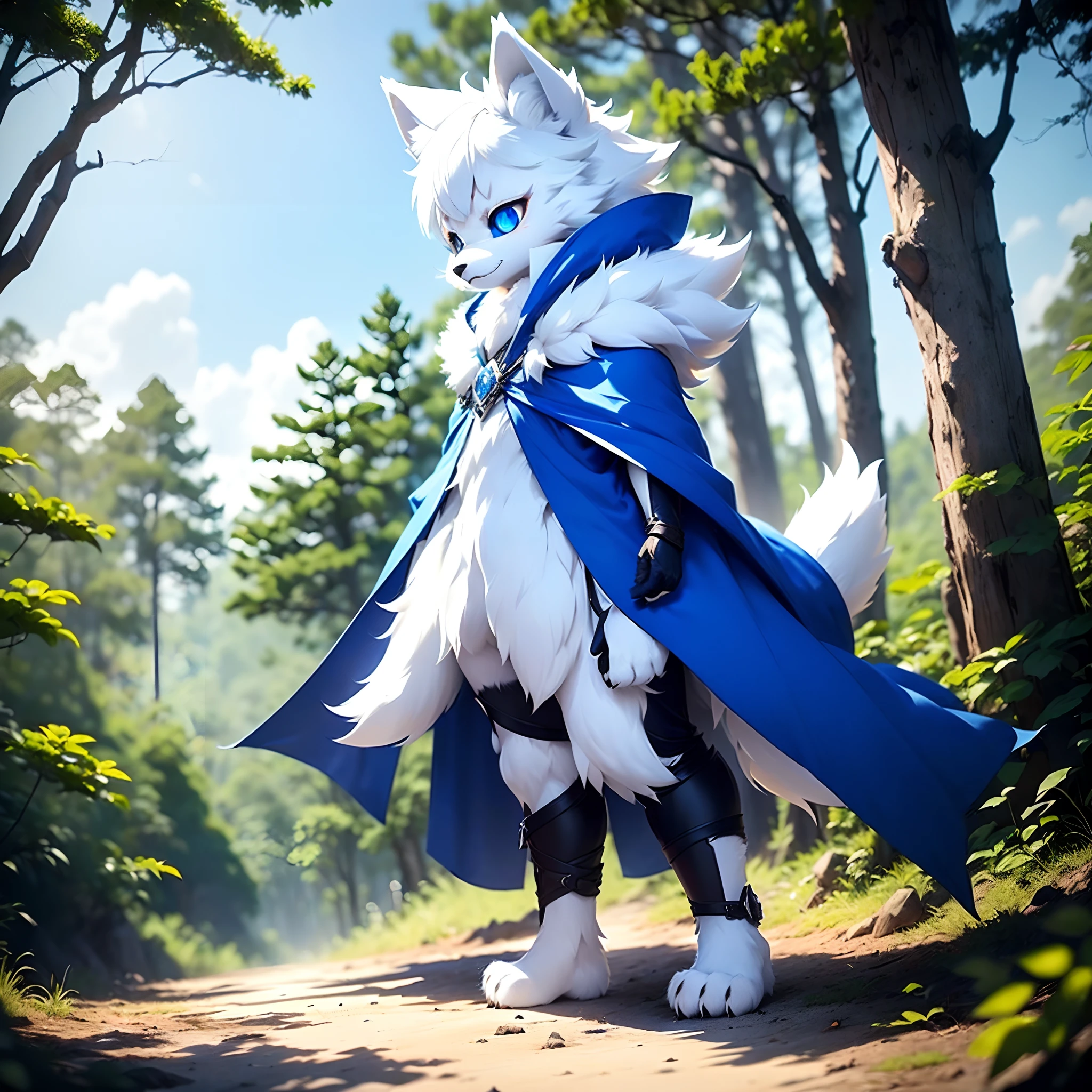 Anthropomorphic furry little wolf,A half body, White color hair,large ear,Big blue eyes,Fluffy tail,adolable, Light:Extreme light and shadow, Reflective skin,Reddish skin,(anthr,(Full Body Furry, Fluffy tail, White fur, Sky blue eyes, Silvery hair:1.2), (long canines、Blue cloak with white raw edges:1.5),Shota short sleeves)) ,((Deep in the forest,独奏,solo person)),Outdoor sunset,((the detail)),(depth of fields),standing on your feet