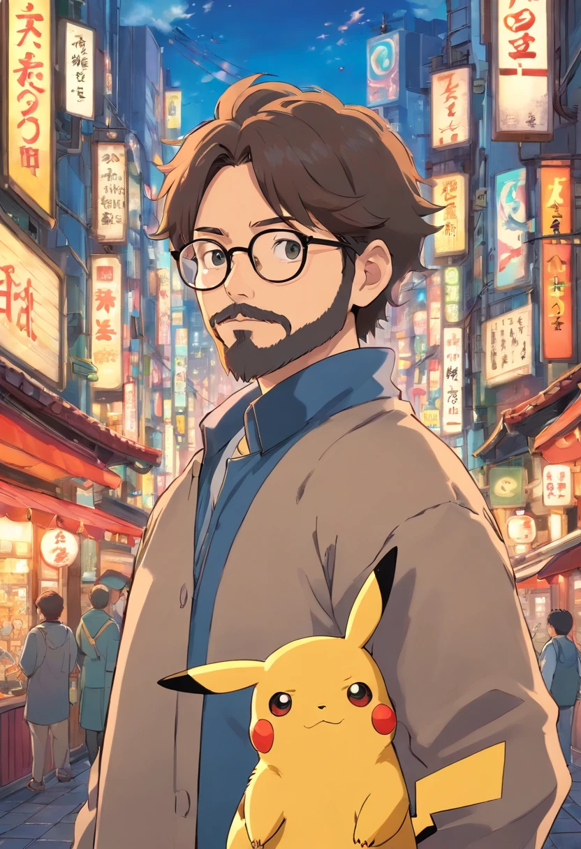 Homem moreno, of glasses and beard, with pikachu on his shoulder in the middle of Tokyo