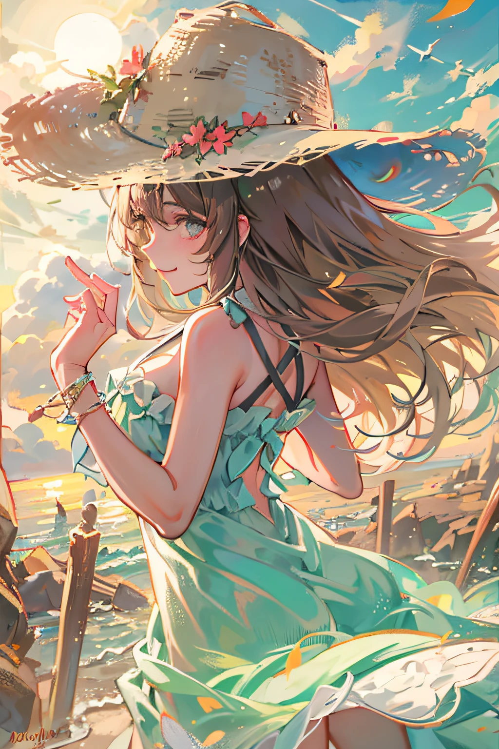 garota, anime, praia, por do sol, caminhada, vestido longo, chapeu de palha, fofo, sorriso suave, Movimentos destacados, HighBeds Pose