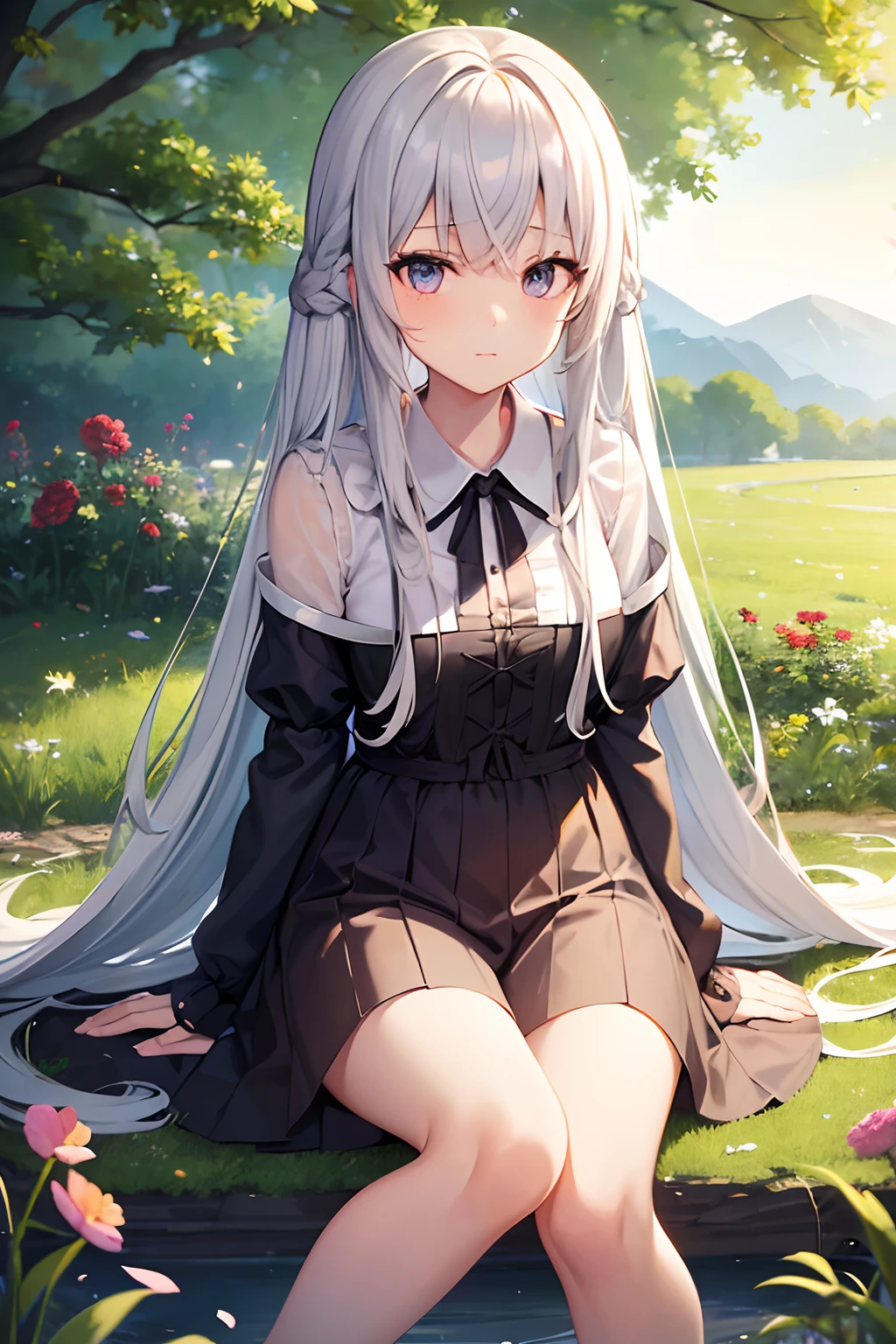 (masutepiece, of the highest quality), One girl with long white hair sitting in a field of green plants and flowers, Warm moonlight, blurred foreground, Lori, river bank, Good shorts, Odd Eyes