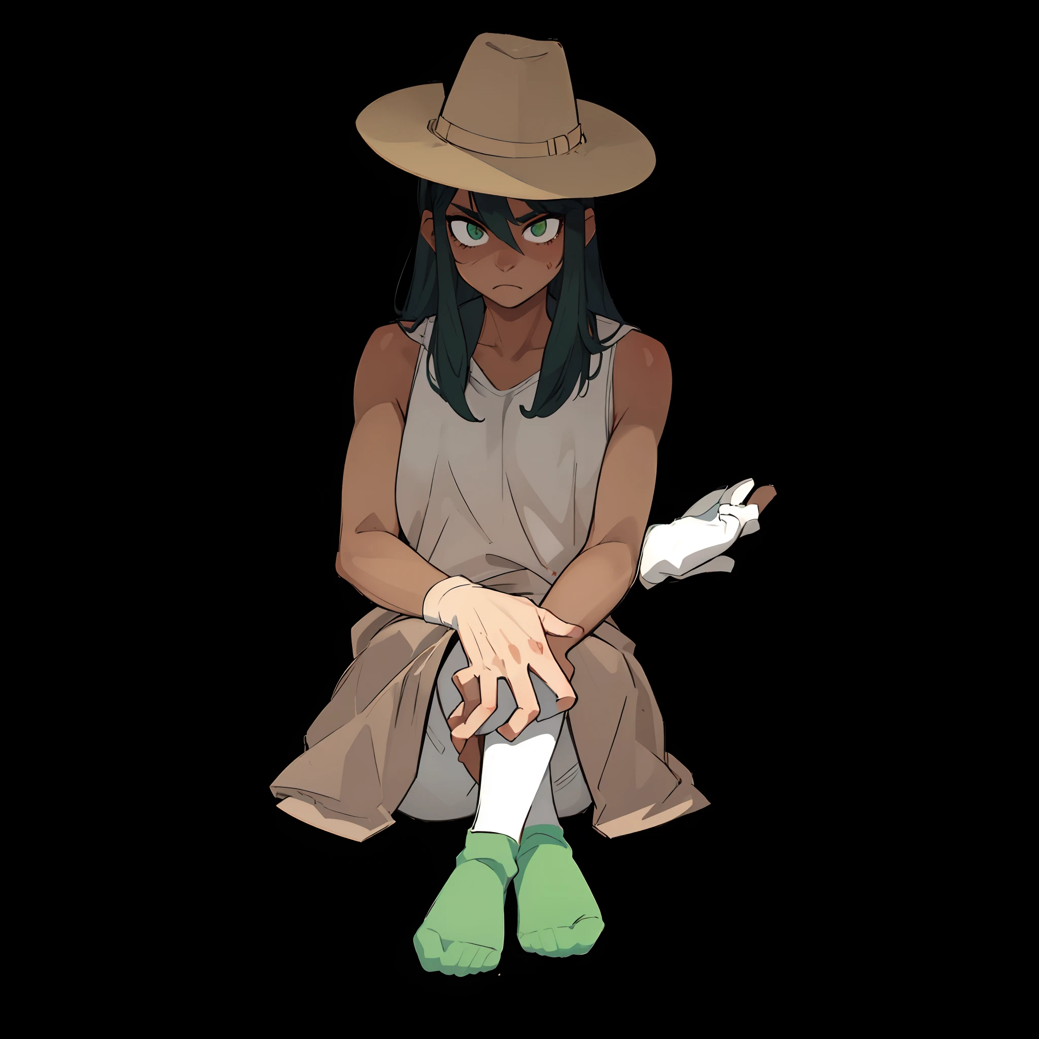 ((beste-Qualit, tmasterpiece)),
a 1girl, Sits, His hands are in his lap, Black long hair, hat, As a detective, As a detective, white tanktop, white pants, green socks, scar near the eye, Background Detective's Room