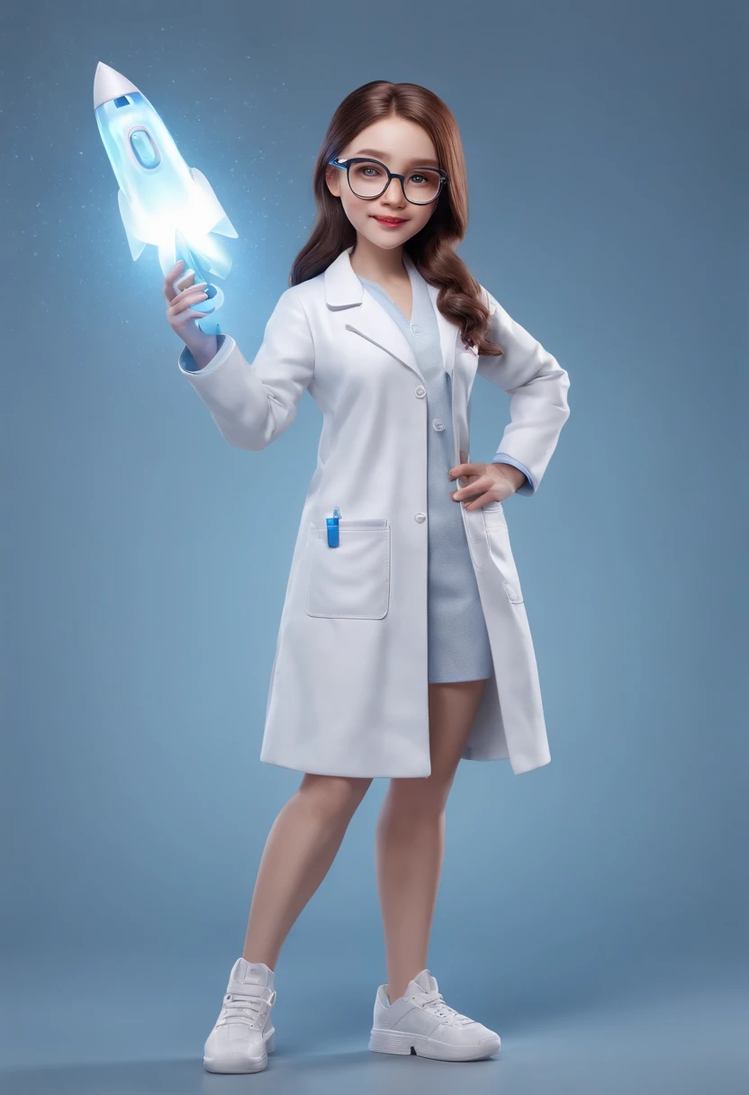 full body, super cute girl, little girl, happy, lab coat, goggles, blind box, popmart design, holographic, diamond luster, metallictexture, fluorescent, holographic, exaggeratedexpressions and movements, scientist girl holds a rocket toys and drawing paper in her hand, 3d, ultra-detailed, C4D, 8k, HD --s 50 --niji 5 -