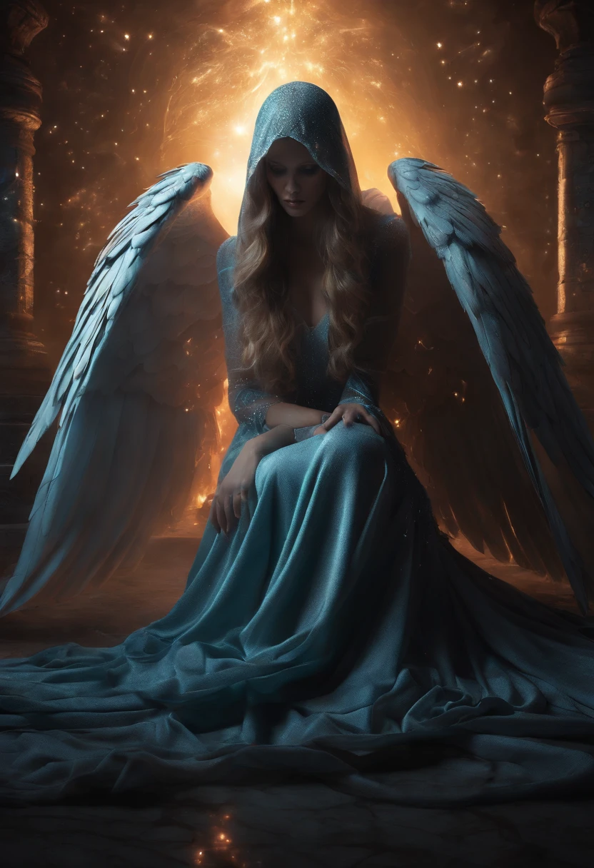 the ghost of the inner soul traslucid as a thin cloth 8k tv cinematic Cosmic Fallen Angel, olhos claros brilhantes, bio-mechanical, misterioso, assustador, pesadelo, cores muito brilhantes, light particules, com luz brilhante, Mshiff, arte de papel de parede, papel de parede UHD  Cosmic Fallen Angel, glowing light eyes, Biomechanical, eerie, Creepy, nightmarish, Very bright colors, Light particles, with light glowing, Mshiff, wallpaper art, UHD wallpaper