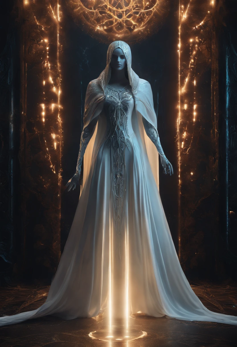 A genderless humanoid silhouette made of carved crystal. Your face is a smooth, reflective surface. Wears white robes made of a light, flowing fabric, with silver details like a large web of cobwebs. Its translucent body is filled with a white mist where silver runes float freely..