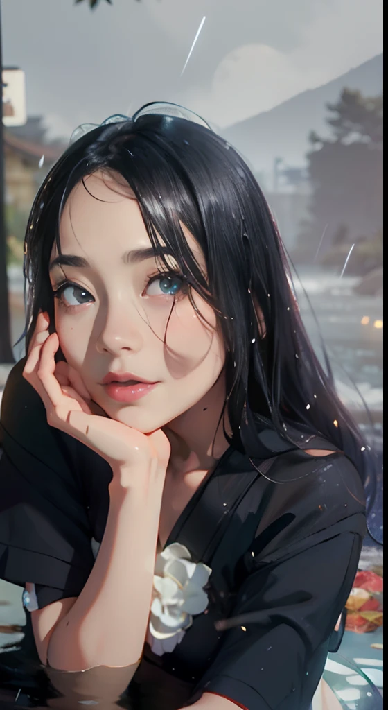 1girl, breasts, moon, lantern, night, solo, large breasts, hair ornament, wet, kimono, japanese clothes, wading, water, hair flower, flower, outdoors, sky, full moon, rain, black hair, off shoulder, mountain, cloud, holding, sash, bare shoulders, paper lantern, standing, white kimono, night sky, sideboob, obi, wet clothes, bangs, tree, from side, reflection, short hair, cloudy sky, wet hair (((masterpiece),(extremely detailed CG unity 8k wallpaper),best quality,,solo,1girl,cinematic lighting,detailed background,beautiful detailed eyes,bright pupils, (an extremely delicate and beautiful),(Beautiful and detailed eye description), ultra-detailed,masterpiece,)),