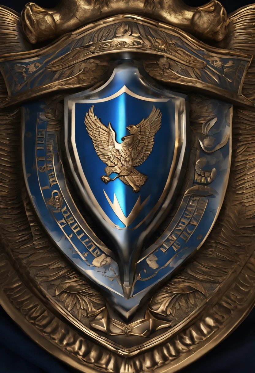 The shield has blue lines, the shield is made of metal, luxurious, on the face of the shield there are eagles and lions, engraved with the word "enternals" on the surface of the shield,