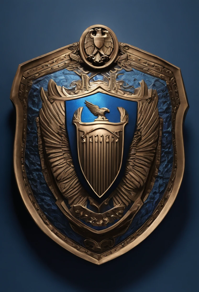 The shield has blue lines, the shield is made of metal, luxurious, on the face of the shield there are eagles and lions, engraved with the word "enternals" on the surface of the shield,