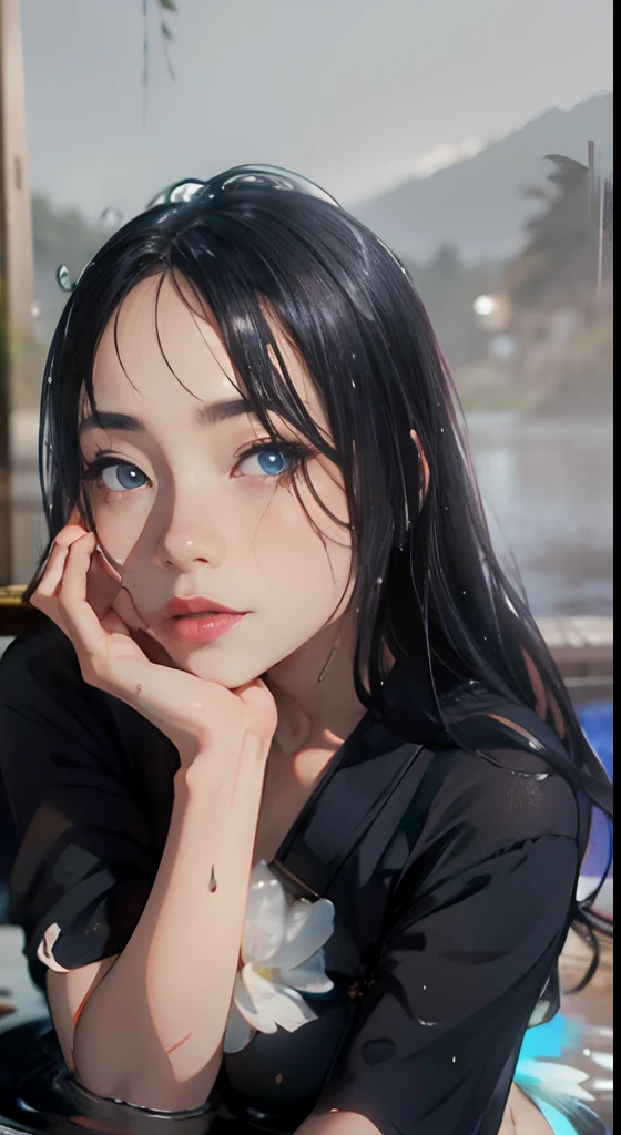 1girl, breasts, moon, lantern, night, solo, large breasts, hair ornament, wet, kimono, japanese clothes, wading, water, hair flower, flower, outdoors, sky, full moon, rain, black hair, off shoulder, mountain, cloud, holding, sash, bare shoulders, paper lantern, standing, white kimono, night sky, sideboob, obi, wet clothes, bangs, tree, from side, reflection, short hair, cloudy sky, wet hair (((masterpiece),(extremely detailed CG unity 8k wallpaper),best quality,,solo,1girl,cinematic lighting,detailed background,beautiful detailed eyes,bright pupils, (an extremely delicate and beautiful),(Beautiful and detailed eye description), ultra-detailed,masterpiece,)),