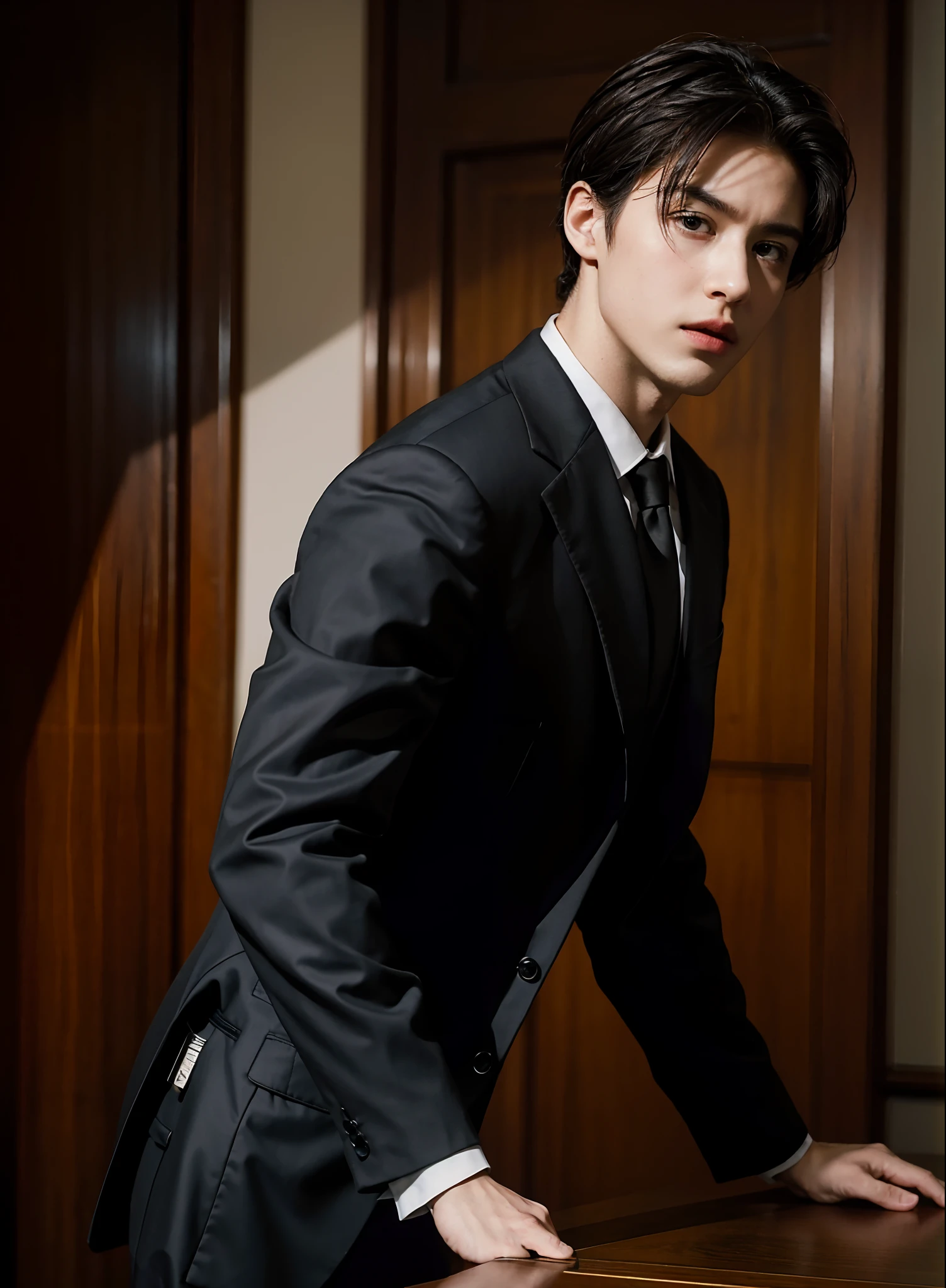 young lawyer, arguing in court, (8k, top quality, masterpiece: 1.2), (realistic, photorealistic: 1.37), ultra detailed, in black suit