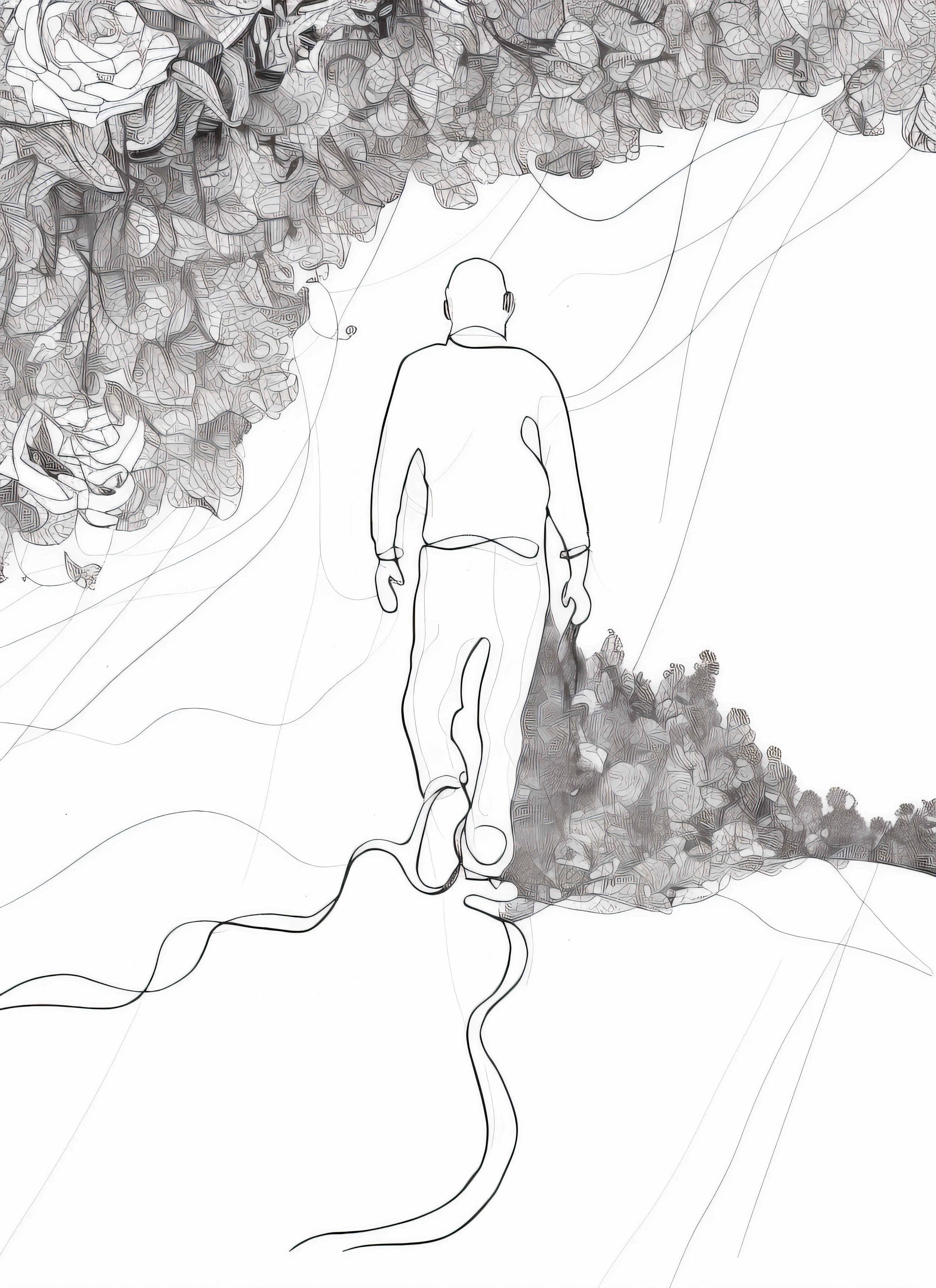 continuous line drawing, homem andando, minimalistic illustration, apenas linhas e nuances em aquarela