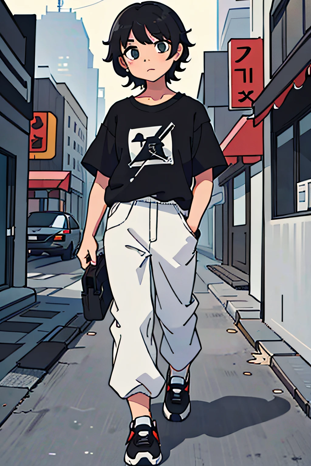 (beste-Qualit:0.8), (beste-Qualit:0.8), perfect anime illustration, walking through the city, masterpiece, best quality, 1girl, solo, long black oversize t-shirt, "Hate" print in white on a T-shirt, black oversize pants, looking at viewer, head tilt, bored, Black short curly hair, black eyes, red lips, Futuristic black oversized sneakers.