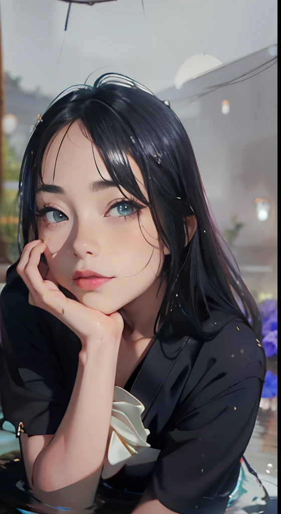 1girl, breasts, moon, lantern, night, solo, large breasts, hair ornament, wet, kimono, japanese clothes, wading, water, hair flower, flower, outdoors, sky, full moon, rain, black hair, off shoulder, mountain, cloud, holding, sash, bare shoulders, paper lantern, standing, white kimono, night sky, sideboob, obi, wet clothes, bangs, tree, from side, reflection, short hair, cloudy sky, wet hair (((masterpiece),(extremely detailed CG unity 8k wallpaper),best quality,,solo,1girl,cinematic lighting,detailed background,beautiful detailed eyes,bright pupils, (an extremely delicate and beautiful),(Beautiful and detailed eye description), ultra-detailed,masterpiece,)),