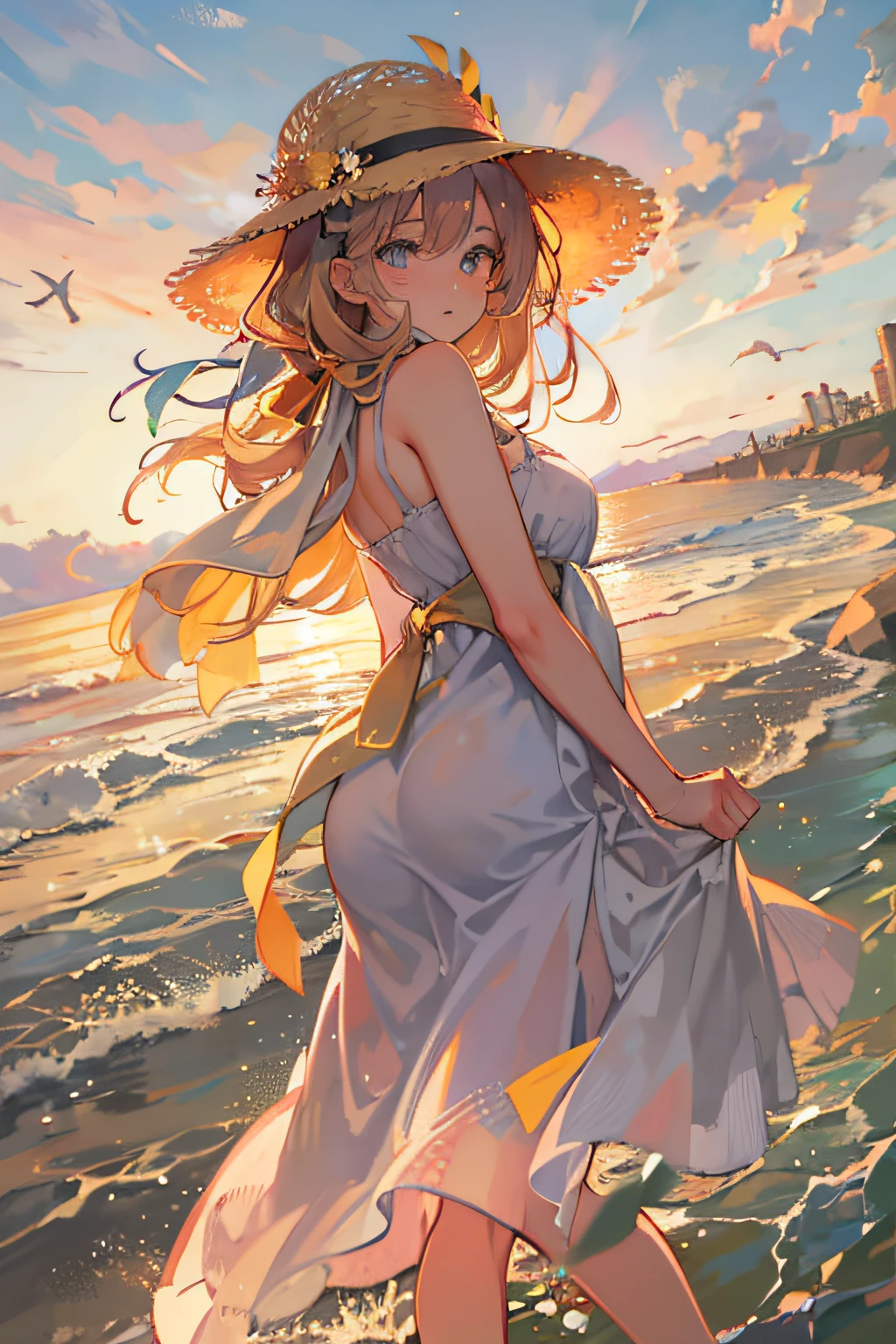 garota, anime, praia, por do sol, caminhada, vestido longo, chapeu de palha, cute, soft smile, highlits moviments, highlits pose