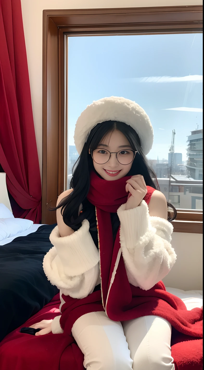 Young 19 years old,girl, black hair,Shoulder length,black eyes,big black frame glasses, Cheerful expression,Vibrant, saturated , white long boots, red fur hat, red scarf, sitting in the bedroom, sunshine, full body, blue sky with white cloud, snow on the buildings far away, winter, depth of field