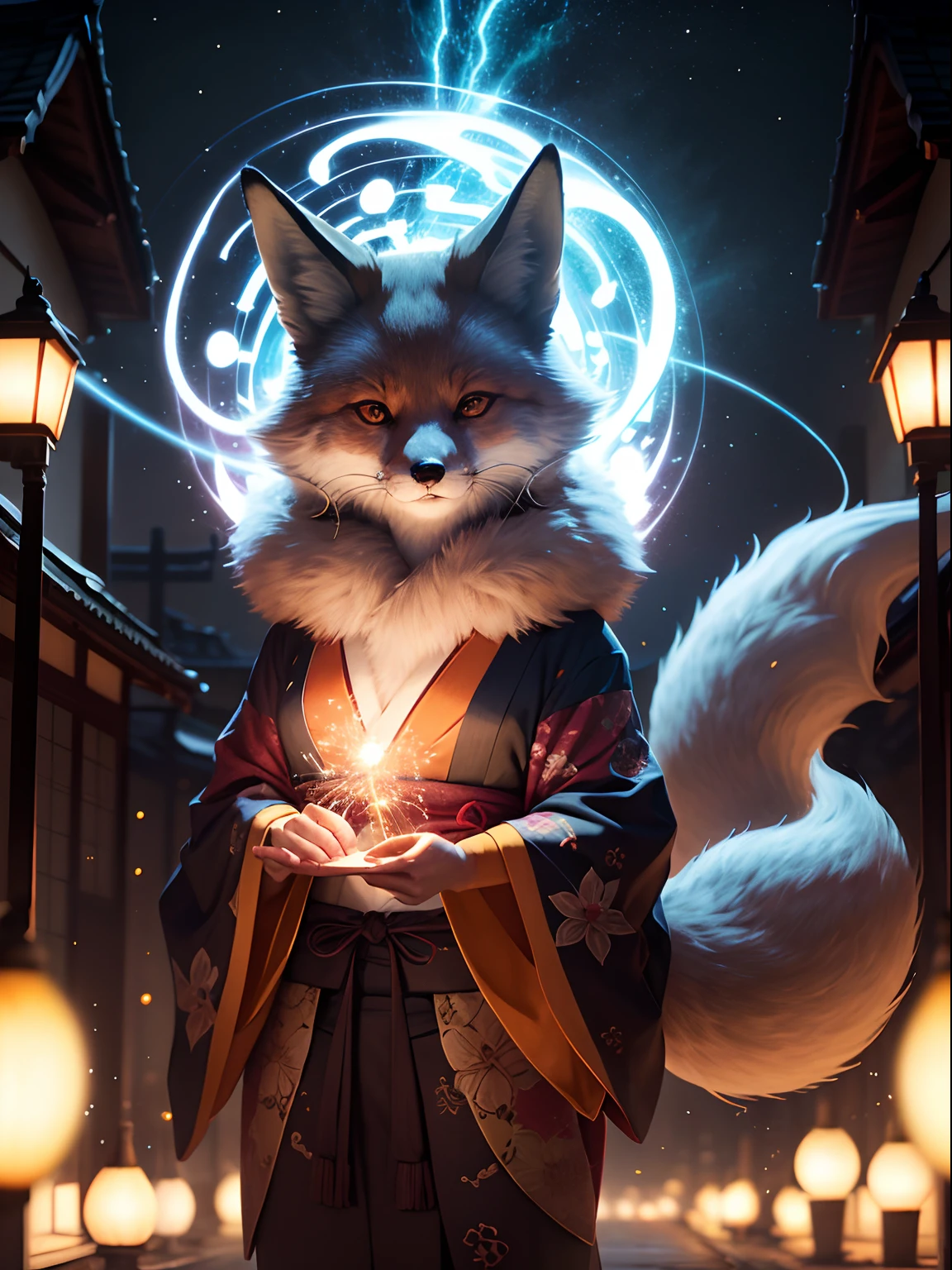"Enchanting night scene with a Japanese featuring a captivating glowing 9-tailed mythological fox surrounded by mesmerizing particles of light, sparks and an impressive light effect. Nenhum ser humano presente."