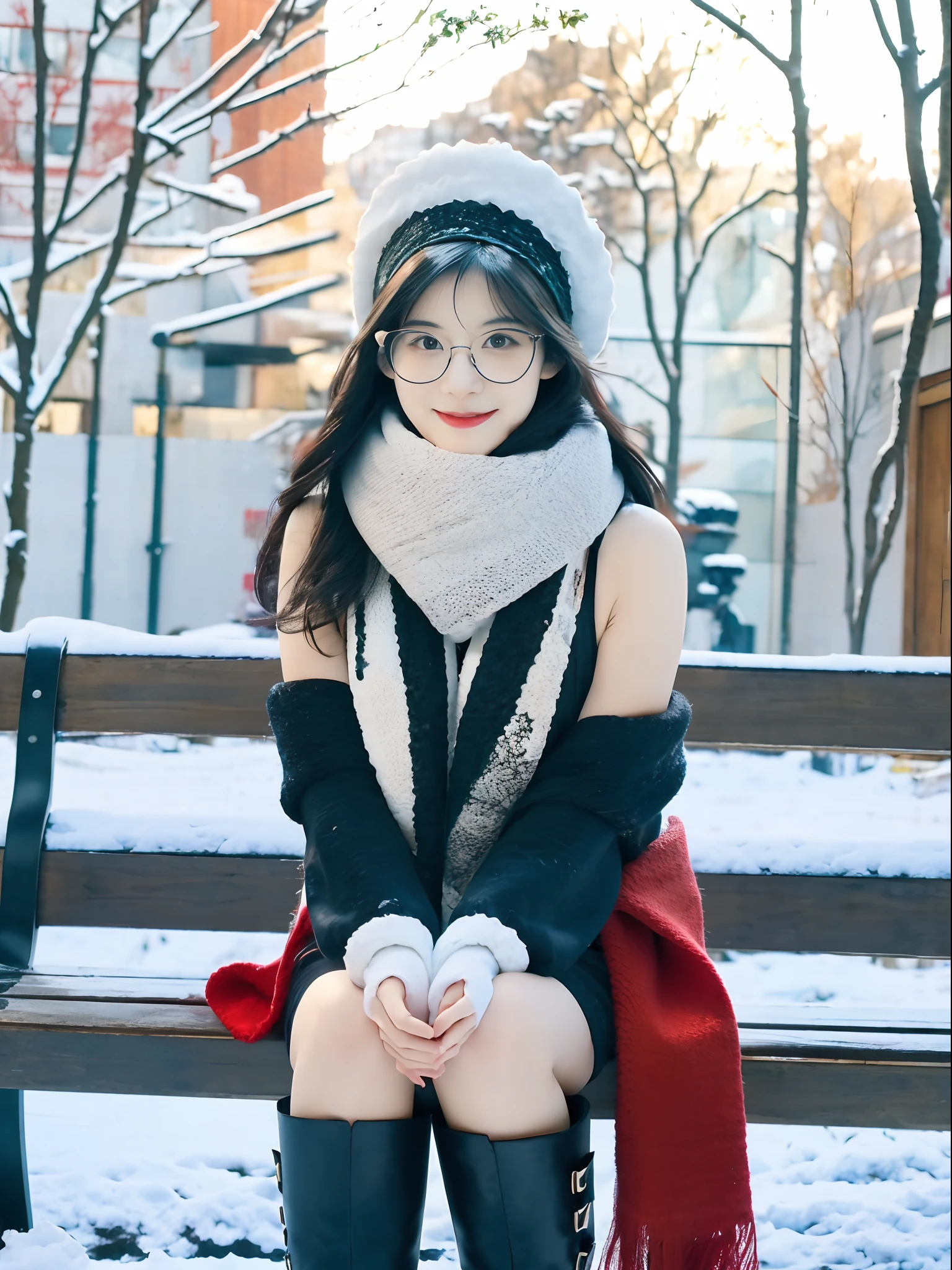 Young 19 years old，girl, black hair，Shoulder length，black eyes，big black frame glasses, Cheerful expression，Vibrant, saturated , white long boots, red fur hat, red scarf, sitting on the bench, full body, sunshine, blue sky, snow on the buildings far away, winter, depth of field