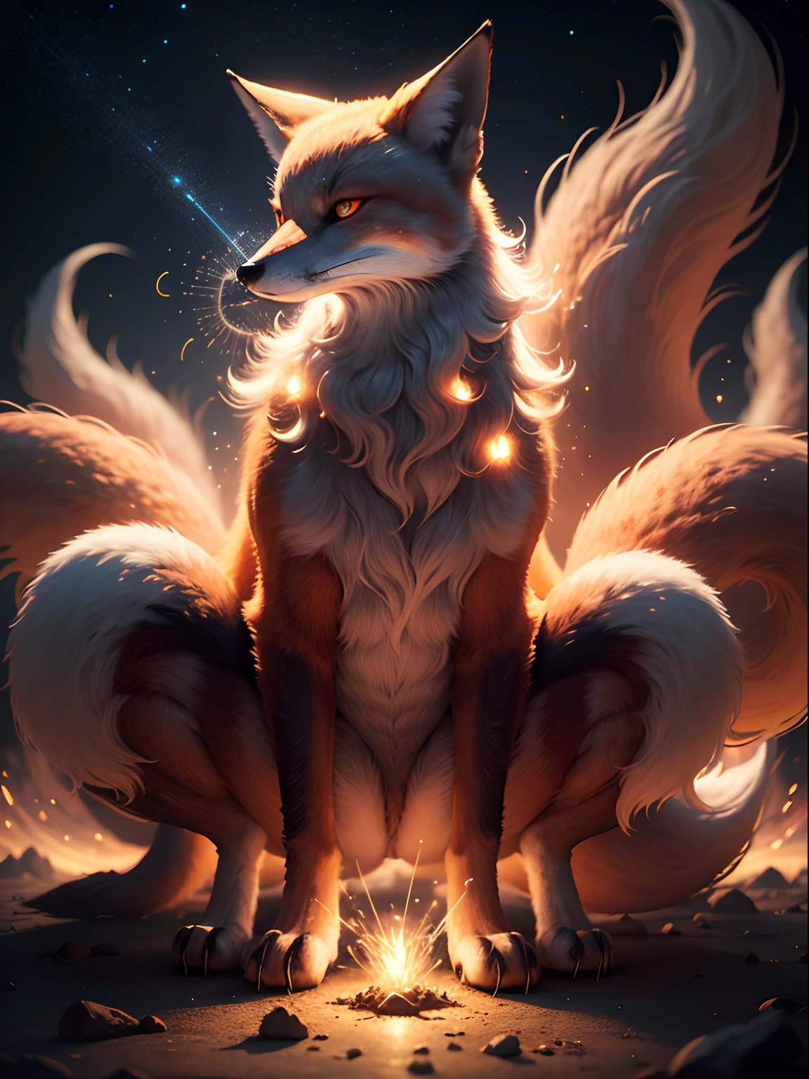 "Enchanting night scene with a Japanese featuring a captivating glowing 9-tailed mythological fox surrounded by mesmerizing particles of light, sparks and an impressive light effect. Nenhum ser humano presente."