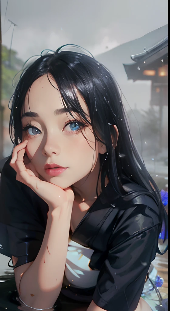 1girl, breasts, moon, lantern, night, solo, large breasts, hair ornament, wet, kimono, japanese clothes, wading, water, hair flower, flower, outdoors, sky, full moon, rain, black hair, off shoulder, mountain, cloud, holding, sash, bare shoulders, paper lantern, standing, white kimono, night sky, sideboob, obi, wet clothes, bangs, tree, from side, reflection, short hair, cloudy sky, wet hair (((masterpiece),(extremely detailed CG unity 8k wallpaper),best quality,,solo,1girl,cinematic lighting,detailed background,beautiful detailed eyes,bright pupils, (an extremely delicate and beautiful),(Beautiful and detailed eye description), ultra-detailed,masterpiece,)),