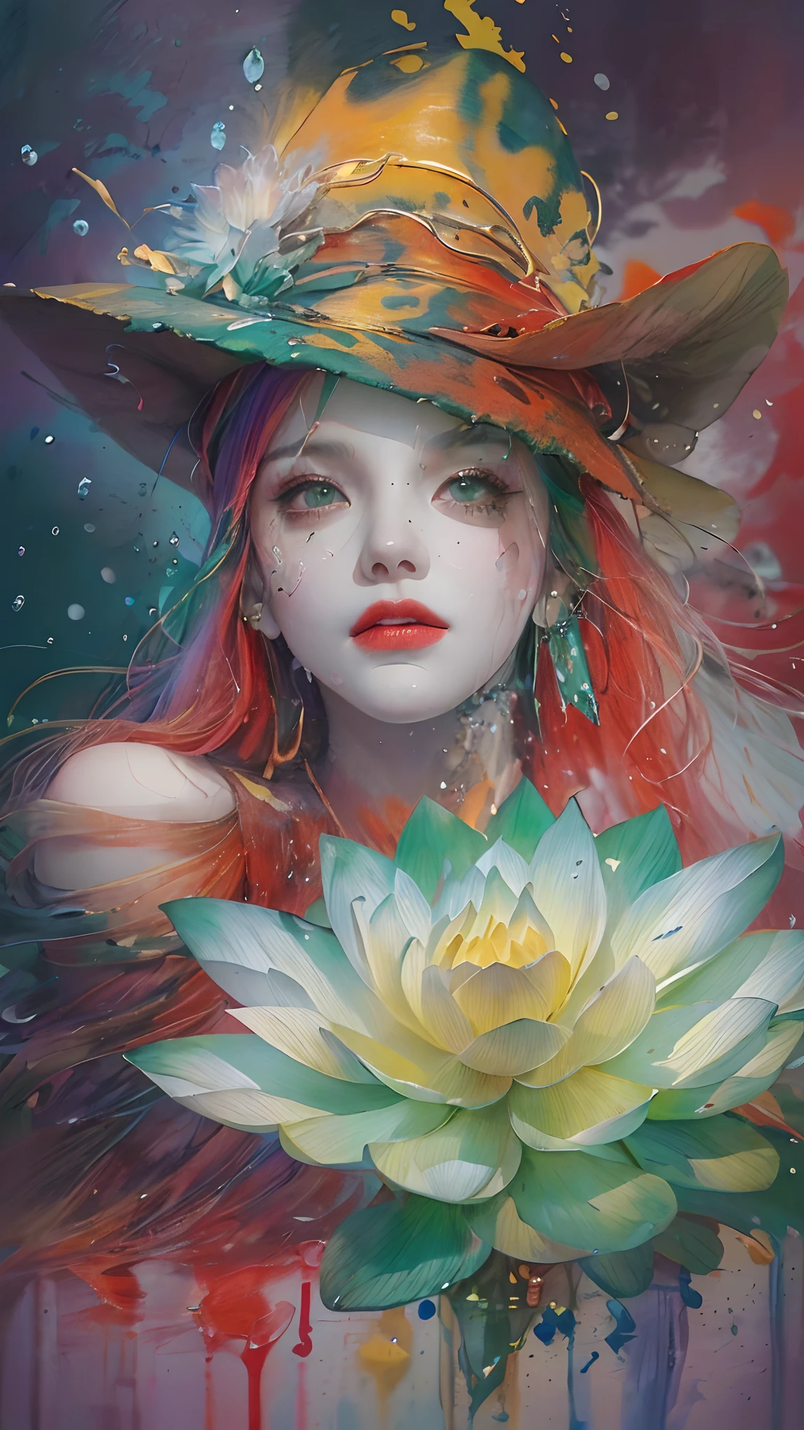 (Masterpiece, Best Quality, High Resolution), lotus Background, ((Paint Splash, Color Splash, Splash of Ink, Color Splash)), (( a beautiful woman Rainbow Hair)), red Lips, Front, Upper Body,lotus in the background, lotus in the water, wearing a big witch hat, Emerald color which costume
