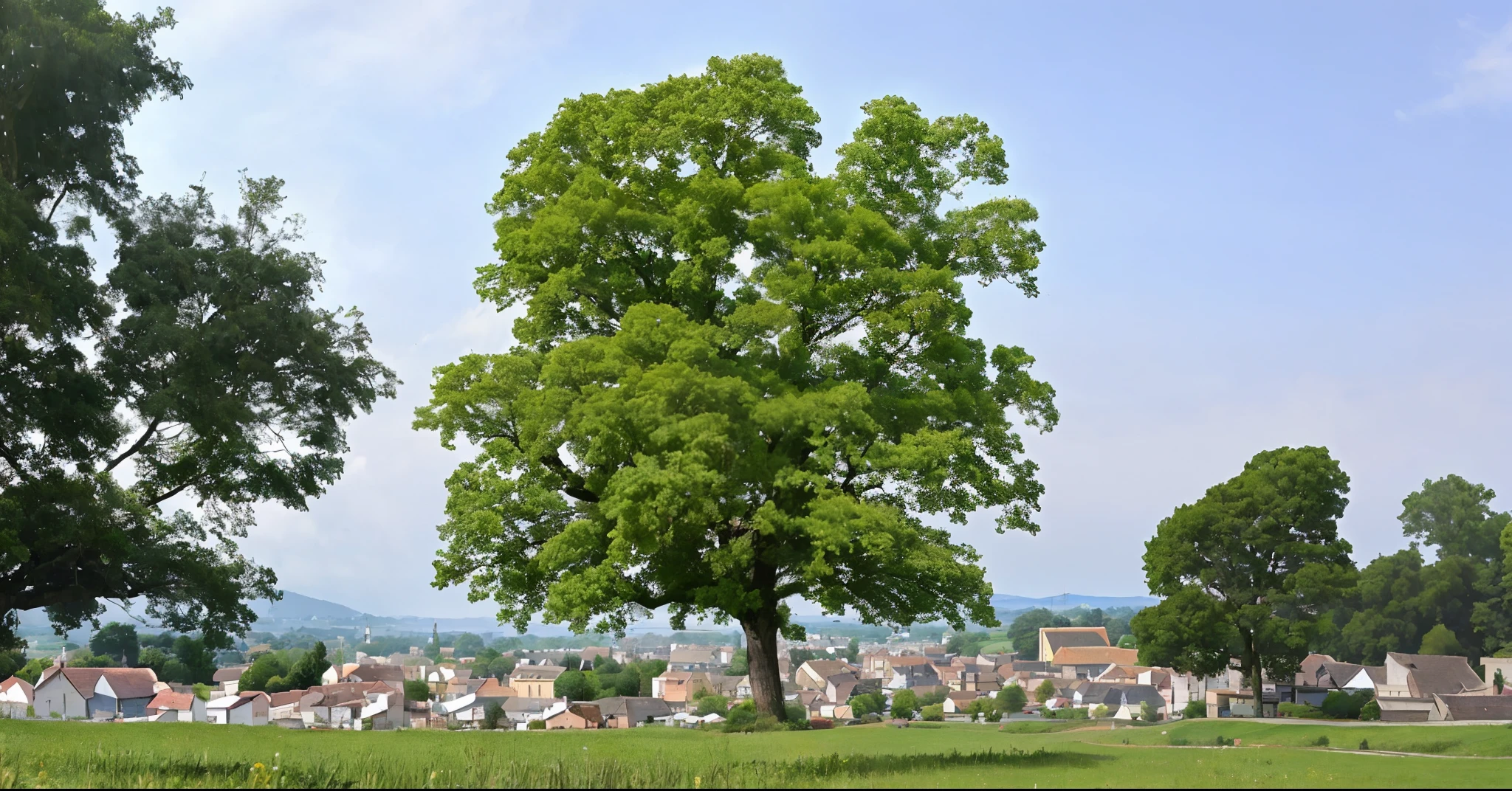 there is a tree that is in the middle of a field, big green tree, rich tree, tree town, a beautiful tree, large tree, huge central tree, one tree, elm tree, central tree, big tree, single tree, tree in the background, oak tree, town on top of trees, the city is full of green plants, a tall tree, 4k ultra hd resolution, 1920x1080,town in background on hill view