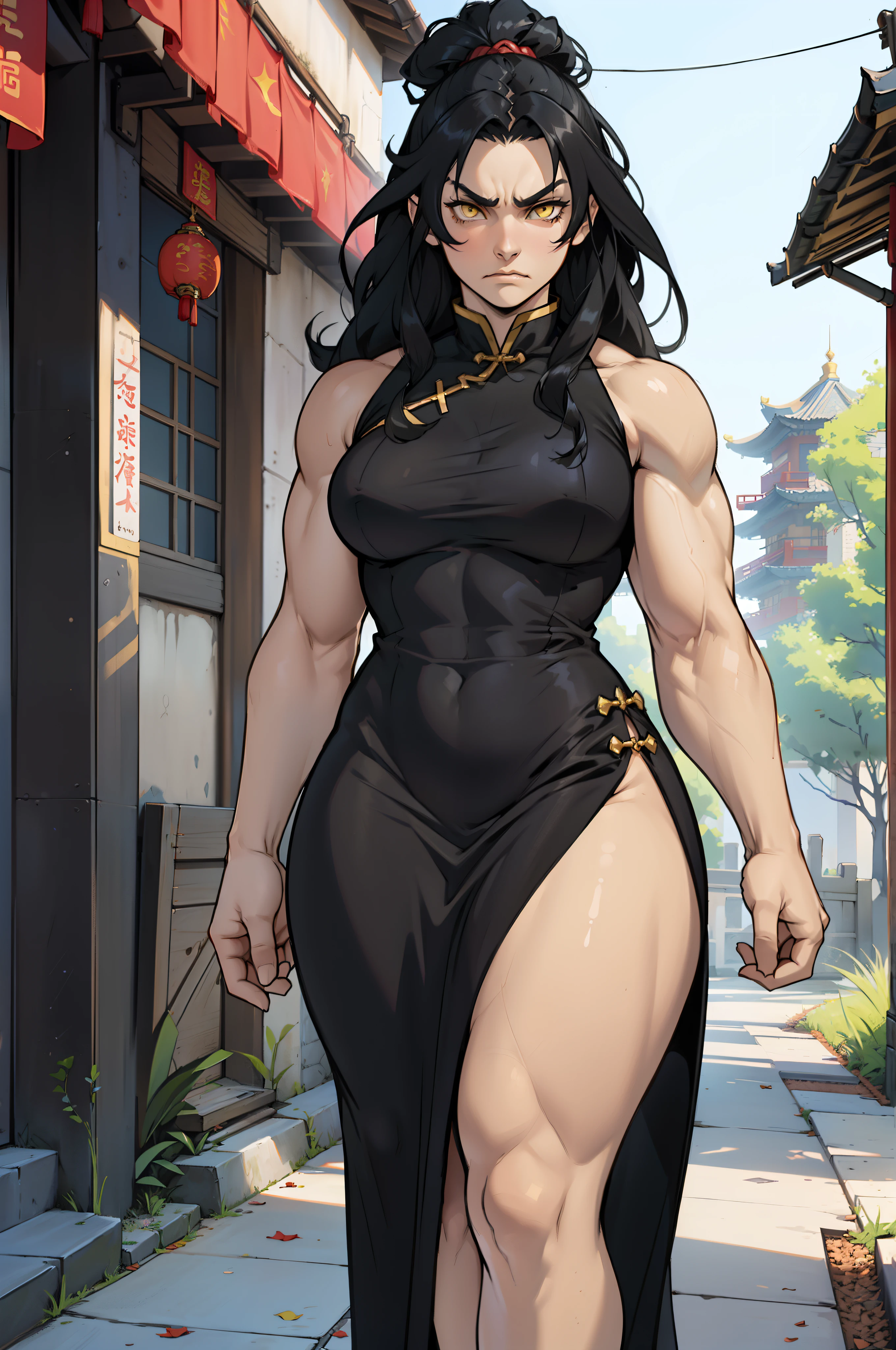 (((((muscular, 1 girl))))), (perky breasts, curvy, black hair, long hair, pale skin, angry, yellow eyes, chinese dress, solo)