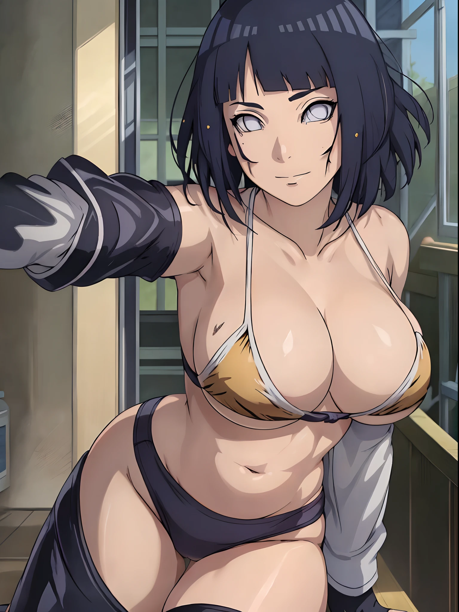 (4k, no angle view, portrait, best quality, cowboy shot), (ultra detailed body, curvy), ((solo, 1 girl)), anime style, hires, ((white background)), (hinata\(boruto\), (female wrestler), (slender body, broad shoulders), (mature woman, milf), (white tigress patten, micro bikini, ultra drn,
etailed pro wrestling gear, long gloves, long boots), (extremely gorgeous), (tilt head, seductive look, ((seductive pose, armpit, stretching)), seductive face, seductive expression, (sexy expression), smile, closed mouth), (pale skin, shiny skin, lighting and shadow), (dark blue hair color:1.1), wavy hair, ((short hair, hime cut, (floating hair)), (big breasts, defined breasts), ((detailed arm curves, slightly strong)), (long belly, bruised belly), (very seductive), (perfect eyes, anime eyes)