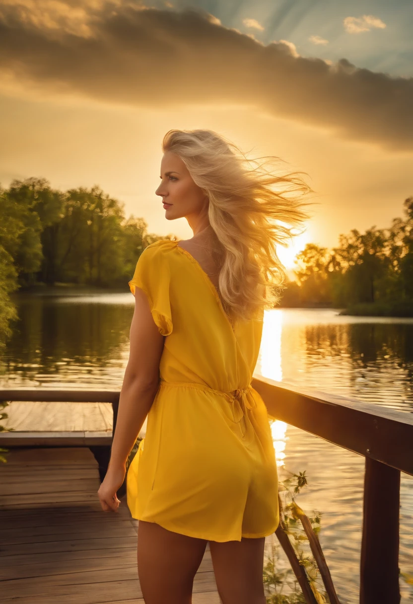 a 23 y old blonde woman, hair blonde and shor blowin to the wind, walking at a park, dressing short pants and a yelow shirt, sunlight from bakc, masterpiece, photo real, ultra HD, and a lake at background