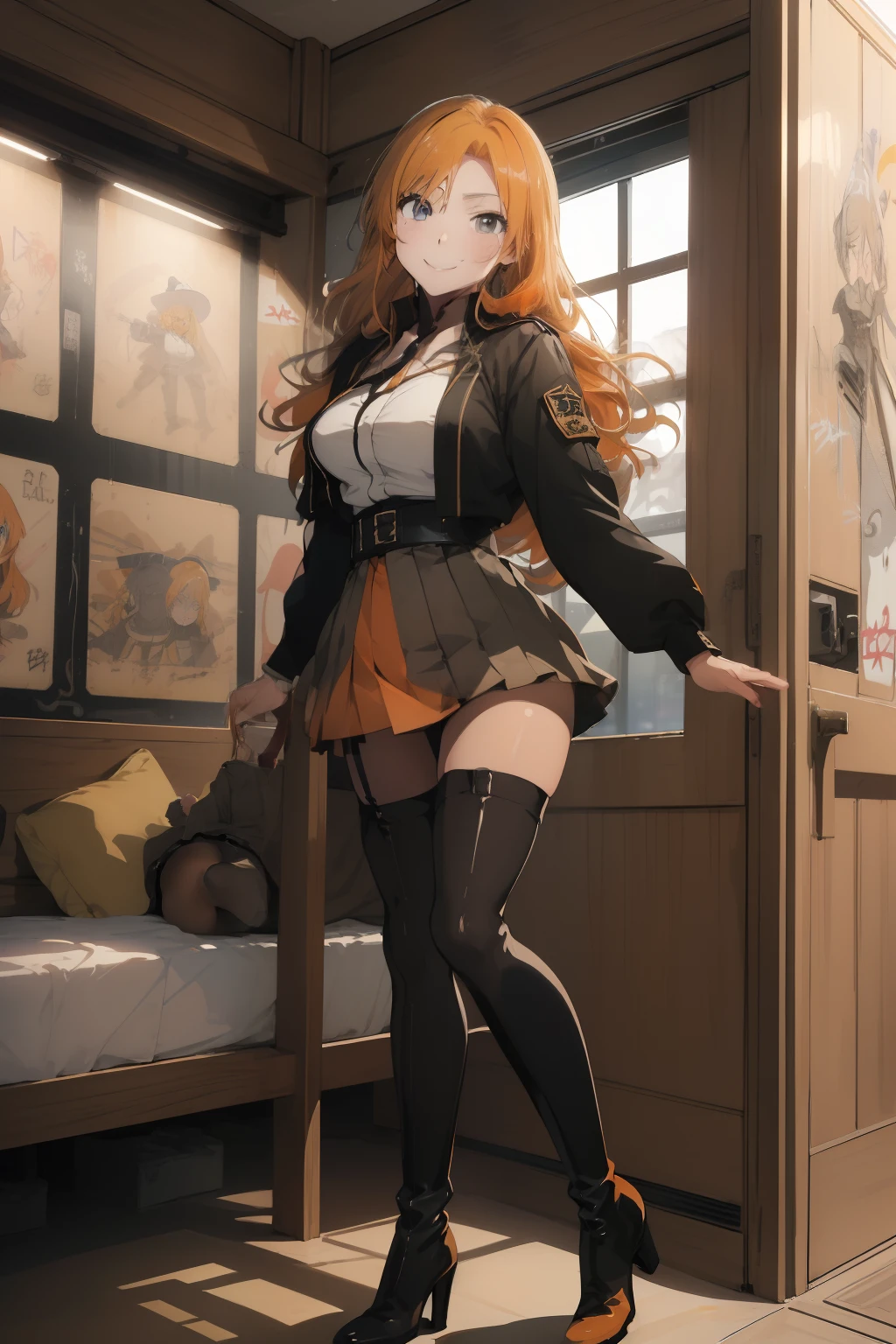 (​masterpiece、top-quality、top-quality、Beautifully Aesthetic:1.2)、ighly detailed、highestdetailed、grey  eyes、orange color hair|Semi-long blonde hair、((military outfits))、(pantyhose)、(Mini skirt)、Matsumoto Rangiku、(long boots)、graffiti art、Look at the viewer、A smile、Bedroom、on the beds、((lift up one's skirt))