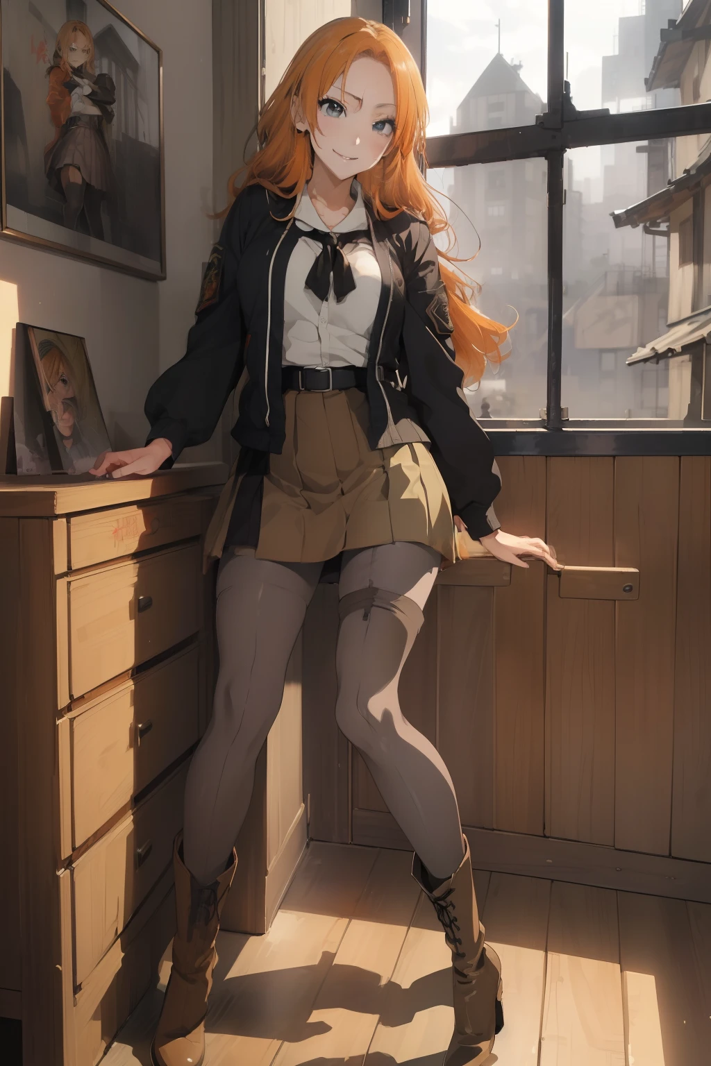 (​masterpiece、top-quality、top-quality、Beautifully Aesthetic:1.2)、ighly detailed、highestdetailed、grey  eyes、orange color hair|Semi-long blonde hair、((military outfits))、(pantyhose)、(Mini skirt)、Matsumoto Rangiku、(long boots)、graffiti art、Look at the viewer、A smile、Bedroom、on the beds、((lift up one's skirt))