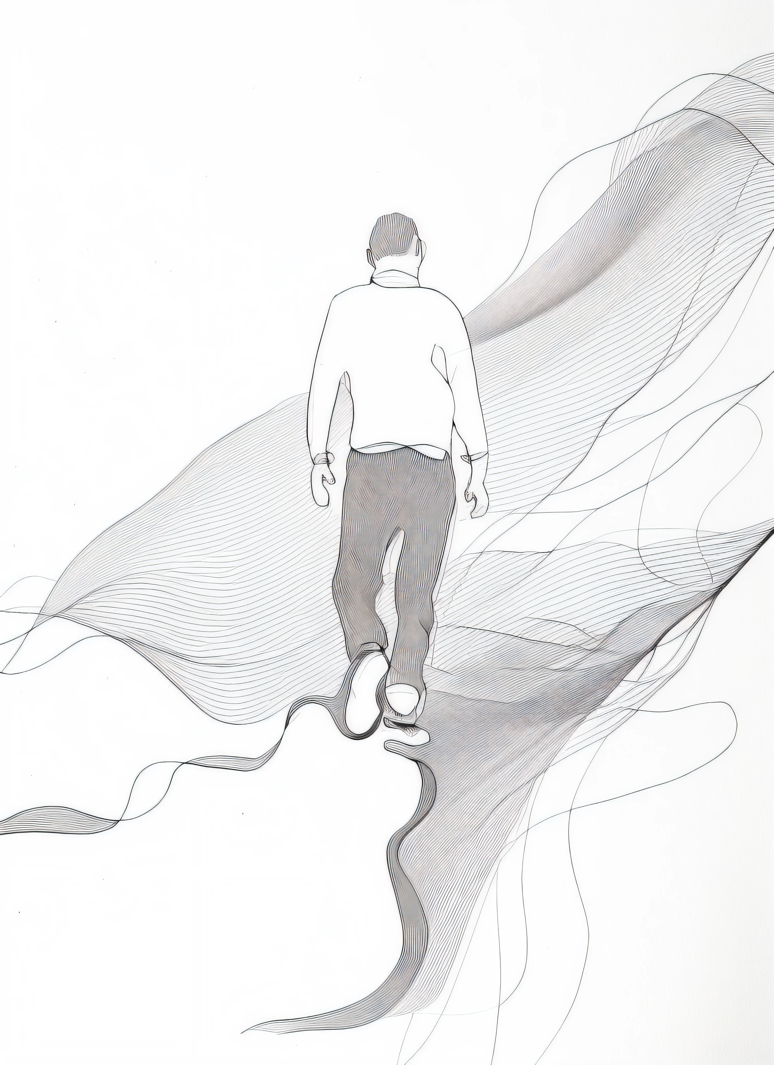 continuous line drawing, homem andando, minimalistic illustration, apenas linhas e nuances em aquarela
