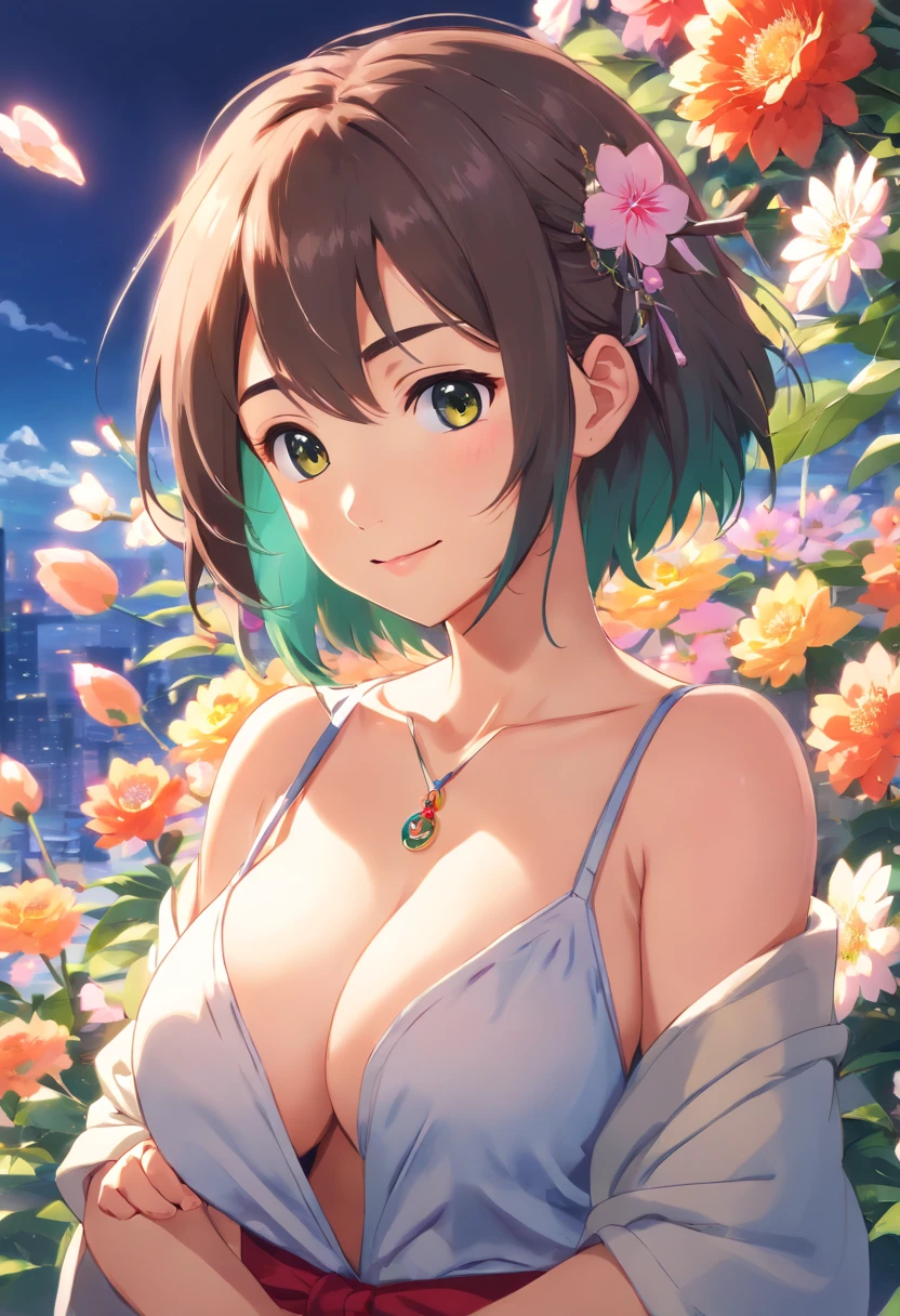 ((Best quality, 8K, Masterpiece: 1.4)),((Amazing detail: 1.3)),((illustration, Huge breasts: 1.2)),((High resolution1.1)),1girll,fox spirit,Kitsune,Hairstyle Casual,Fox ears,red hairband,flowers in head,wariza,Bandeau top,Anime style,Manga,Sexy,exposed,Makeup,torogao,Seductive smile,eyes half closed,Simple background,mitts,Bell necklace,Amazing art of painting,Colorful background,