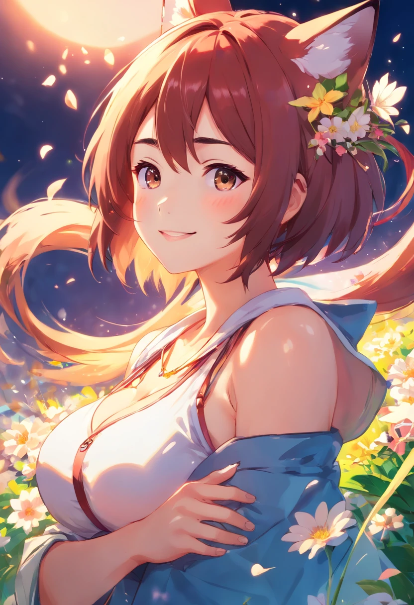 Best quality, matikanefukukitaru \(umamusume\), massive breasts, skimpy thin white dress, sunset, upper body, sexy, angelic, thin fabric, see through, god rays, fluffy clouds, colourful flower field,