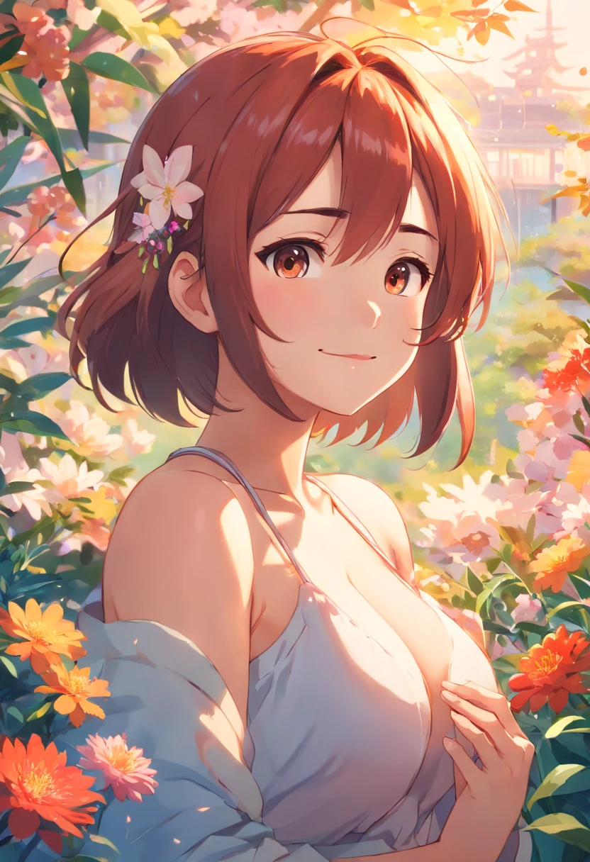 ((Best quality, 8K, Masterpiece: 1.4)),((Amazing detail: 1.3)),((illustration, Huge breasts: 1.2)),((High resolution1.1)),1girll,fox spirit,Kitsune,Hairstyle Casual,Fox ears,red hairband,flowers in head,wariza,Bandeau top,Anime style,Manga,Sexy,exposed,Makeup,torogao,Seductive smile,eyes half closed,Simple background,mitts,Bell necklace,Amazing art of painting,Colorful background,