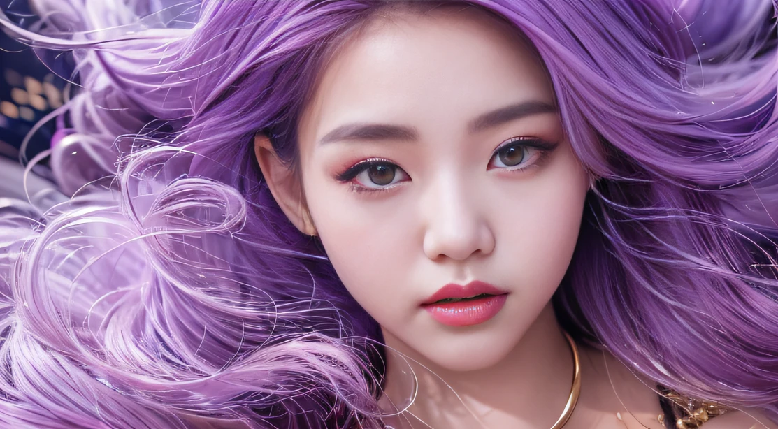 32K(tmasterpiece,k hd,hyper HD,32K)Long flowing bright purple hair,Autumn Pond,zydink, a color, Asian people (Silly girl), (Silk scarf), Combat posture, looking at the ground, long whitr hair, Floating bright purple, Fire cloud pattern gold tiara, Chinese long-sleeved gold silk garment, (abstract ink splash:1.2), smoky background,Lotus protector(realisticlying:1.4),Bright purple hair,Smoke on the road,The background is pure, A high resolution, the detail, RAW photogr, Sharp Re, Nikon D850 Film Stock Photo by Jefferies Lee 4 Kodak Portra 400 Camera F1.6 shots, Rich colors, ultra-realistic vivid textures, Dramatic lighting, Unreal Engine Art Station Trend, cinestir 800,Long flowing bright purple hair