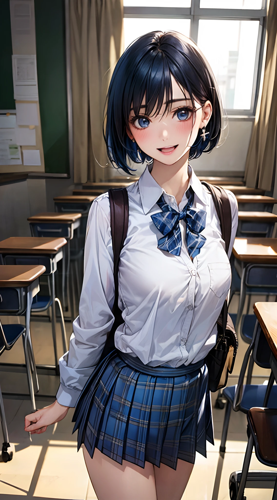 (masterpiece:1.2, top-quality), (realistic, photorealistic:1.4), beautiful illustration,
looking at viewer, cowboy shot, front view:0.8,
1 girl, japanese, high school girl, blue hair, (short hair:1.4), bob cut, bangs, hair between eye, blue eyes, large breasts:1.0,
beautiful hair, beautiful face, beautiful detailed eyes, beautiful clavicle, beautiful body, beautiful chest, beautiful thigh, beautiful legs, beautiful fingers,
(beautiful scenery), dawn, classroom, desks, chairs, curtains,
((collared shirt, white shirt, school uniform, light blown cardigan, blue plaid pleated skirt, blue plaid bow tie)), white panties, backpacks, cross earrings,
standing, walking,
smile, open mouth, hands on waist,