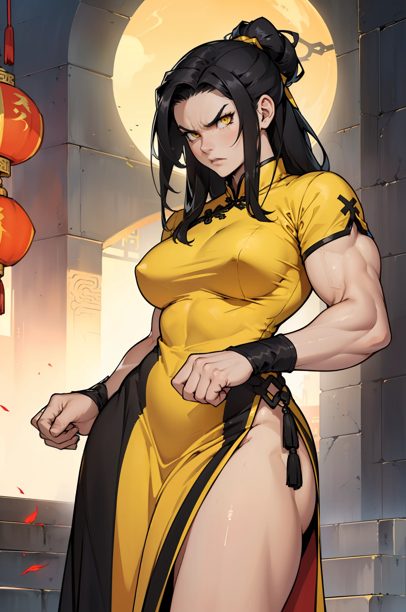 (((((muscular, 1 girl))))), (perky breasts, curvy, black hair, long hair, pale skin, angry, yellow eyes, chinese dress, solo)