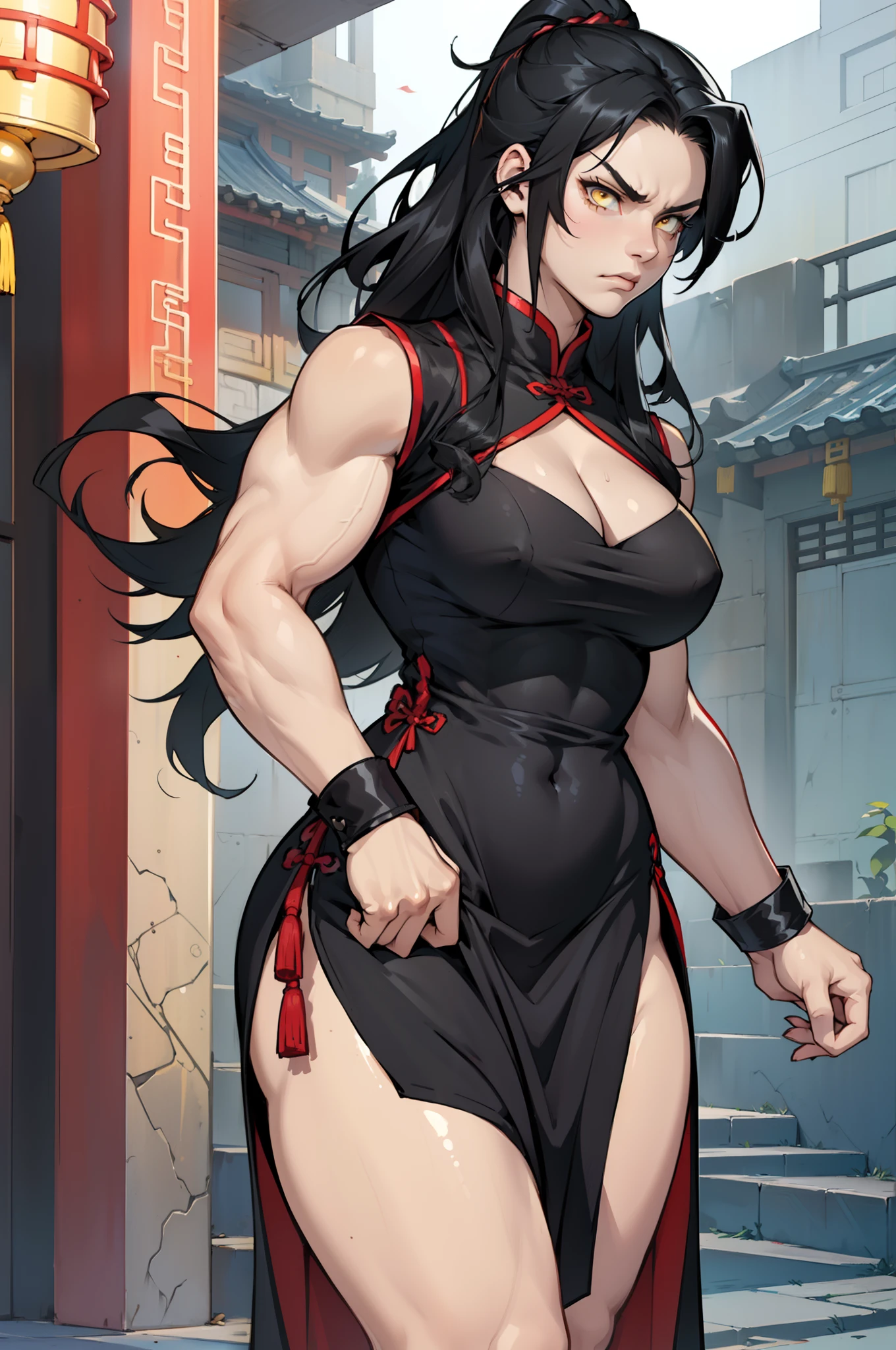 (((((muscular, 1 girl))))), (perky breasts, curvy, black hair, long hair, pale skin, angry, yellow eyes, chinese dress, solo)