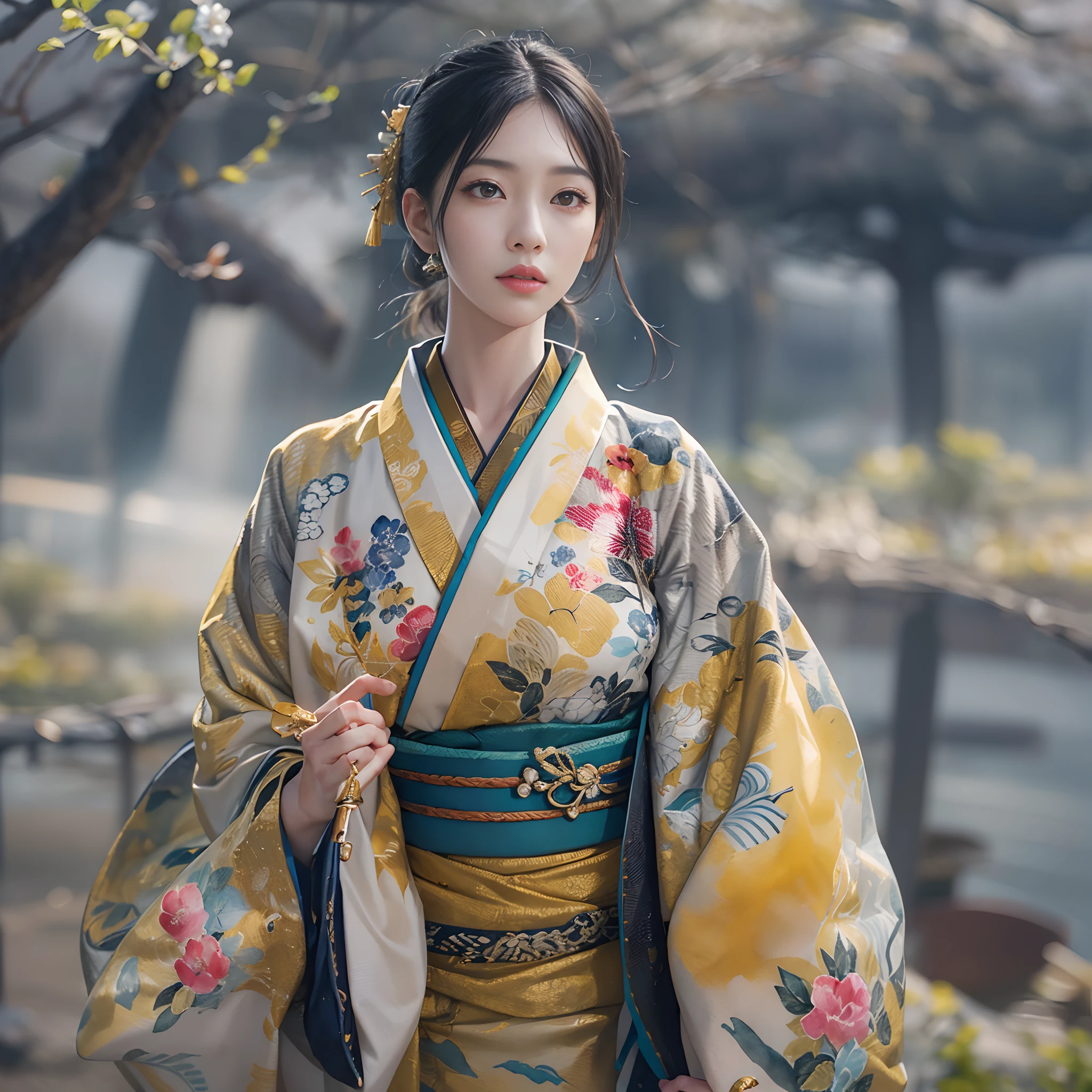 watching at viewers、Background with((The ancient capital of Japan:1.2)And the moon、((dense background))、(Colorful:0.8),,(Solo:1.2), (Ink splashing),(splashes of colour),((watercolor paiting))),BREAK {{{Luxury kimono(Colorful kimono(Detailed golden embroidery,))}}}、face perfect,Depict a beautiful and graceful woman of Japan。(poneyTail:1.5)、Woman with shiny black hair、perfect hand、Heart in the eye。full body Esbian。 Wallpaper 8K, .Blur the background with a sickle,((masutepiece)), ((Best Quality)),epicd(Lige Fries Photography、sony a7、50 millimeters、pores:1.5、Farbe、ultra-detailliert:1.5、film grains:1.4、hyper realisitic:1.5)、octan render、 ultra realistic lifelike textures、masterpiece、unrealengine5、the Extremely Detailed CG Unity 8K Wallpapers、Madly detailed photo、Ultra-realistic light、(Pulitzer Prize for Best Photography、Taylor Wessing Award for Best Photography)