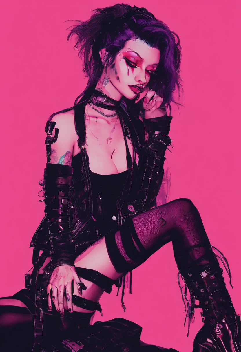 there is a woman sitting on a couch with a knife in her hand, burlesque psychobilly, dressed in crustpunk clothing, fishnets and a long tartan skirt, gothcore, inspired by Nan Goldin, taken in 2 0 2 0, gothic horror vibes, elvira in tattered clothes, profile image, cybergoth, iren horrors, alluring and terrifying