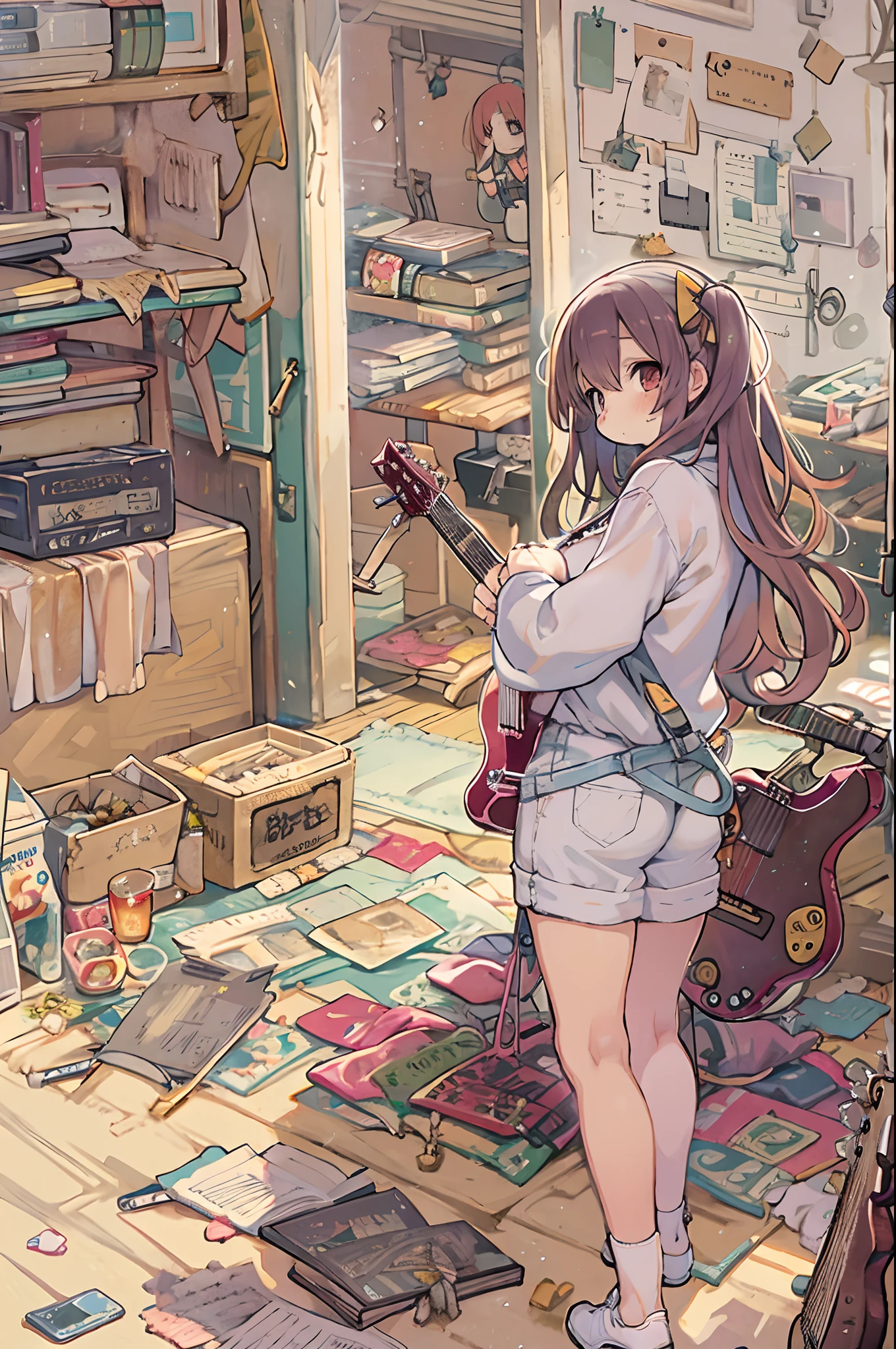 Bocchi, 1girl in, Solo, in the messy room, Guitar,