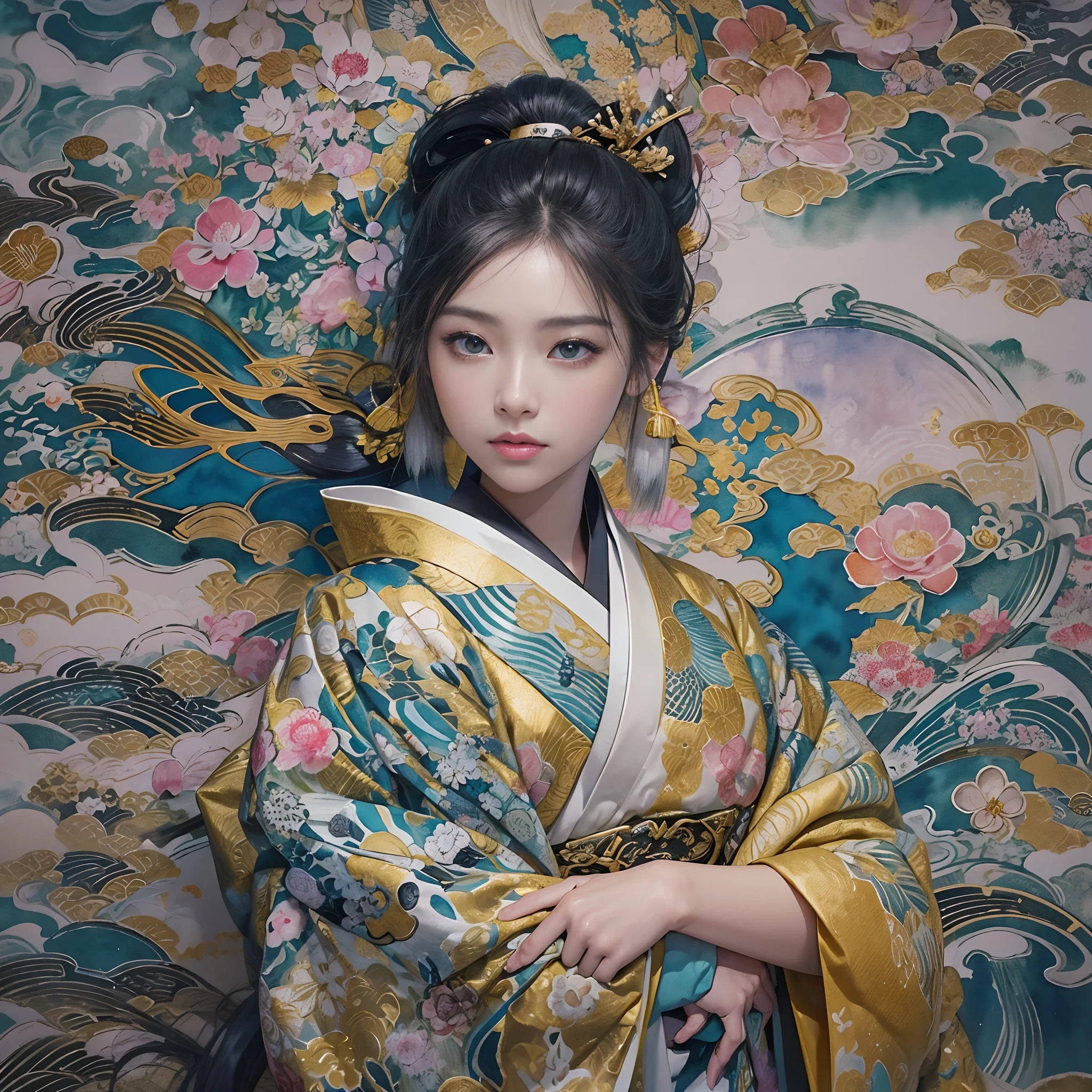 watching at viewers、Background with((The ancient capital of Japan:1.2)And the moon、((dense background))、(Colorful:0.8),,(Solo:1.2), (Ink splashing),(splashes of colour),((watercolor paiting))),BREAK {{{Luxury kimono(Colorful kimono(Detailed golden embroidery,))}}}、face perfect,Depict a beautiful and graceful woman of Japan。(poneyTail:1.5)、Woman with shiny black hair、perfect hand、Heart in the eye。full body Esbian。 Wallpaper 8K, .Blur the background with a sickle,((masutepiece)), ((Best Quality)),epicd(Lige Fries Photography、sony a7、50 millimeters、pores:1.5、Farbe、ultra-detailliert:1.5、film grains:1.4、hyper realisitic:1.5)、octan render、 ultra realistic lifelike textures、​masterpiece、unrealengine5、the Extremely Detailed CG Unity 8K Wallpapers、Madly detailed photo、Ultra-realistic light、(Pulitzer Prize for Best Photography、Taylor Wessing Award for Best Photography)